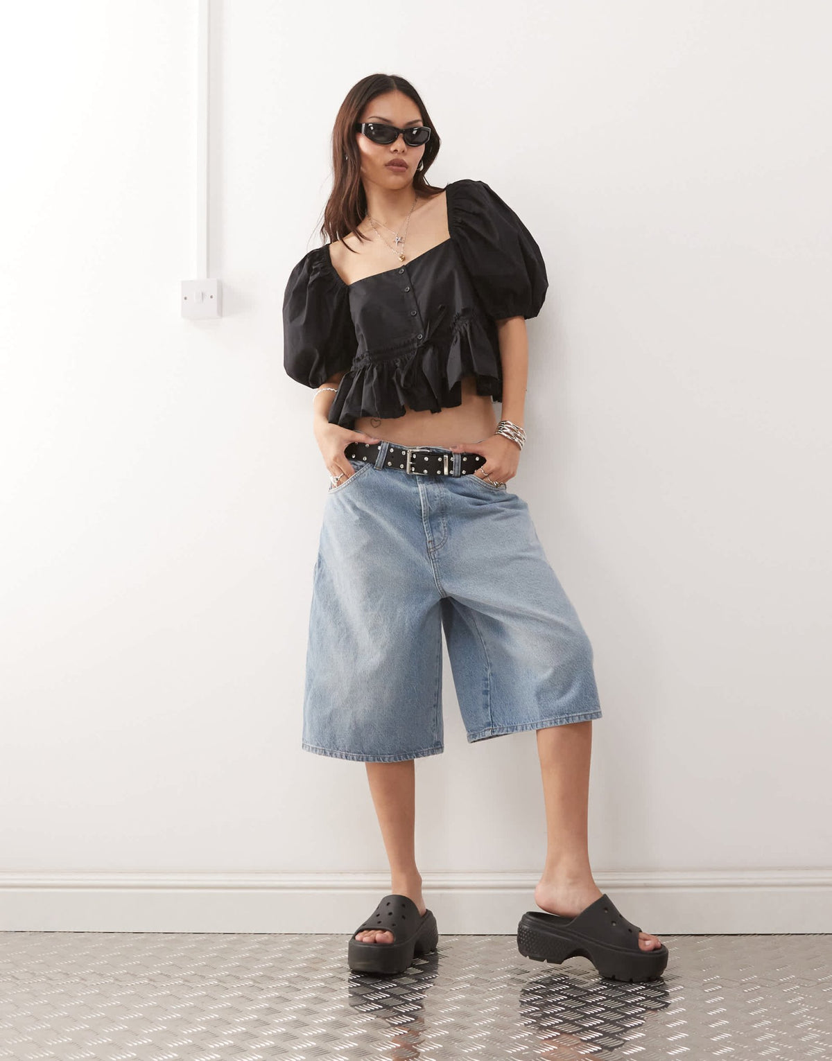 Monki puff sleeve milkmaid peplum blouse in black - ASOS Sample Sale