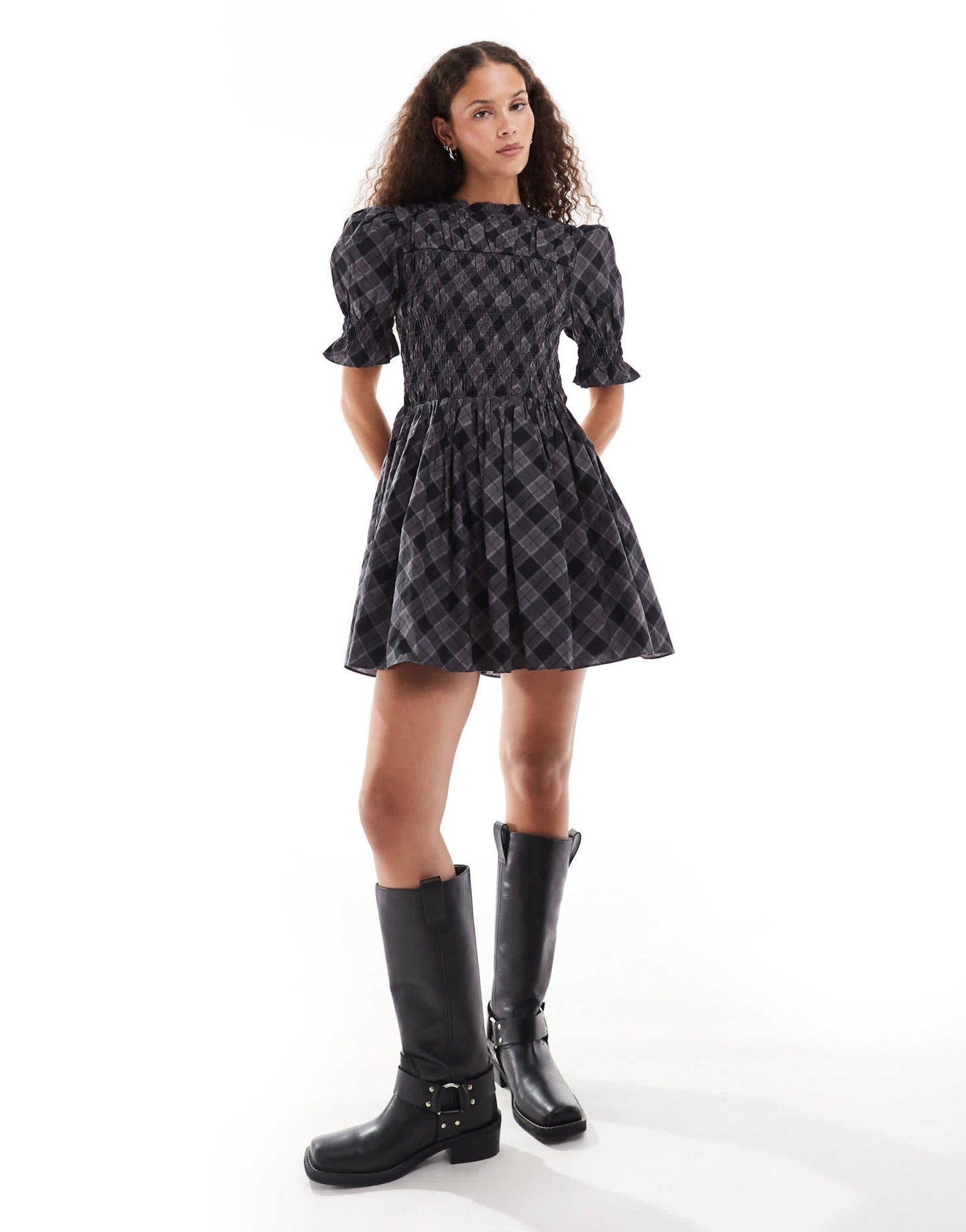 Monki puff sleeve shirred structured mini dress in grey check - ASOS Sample Sale