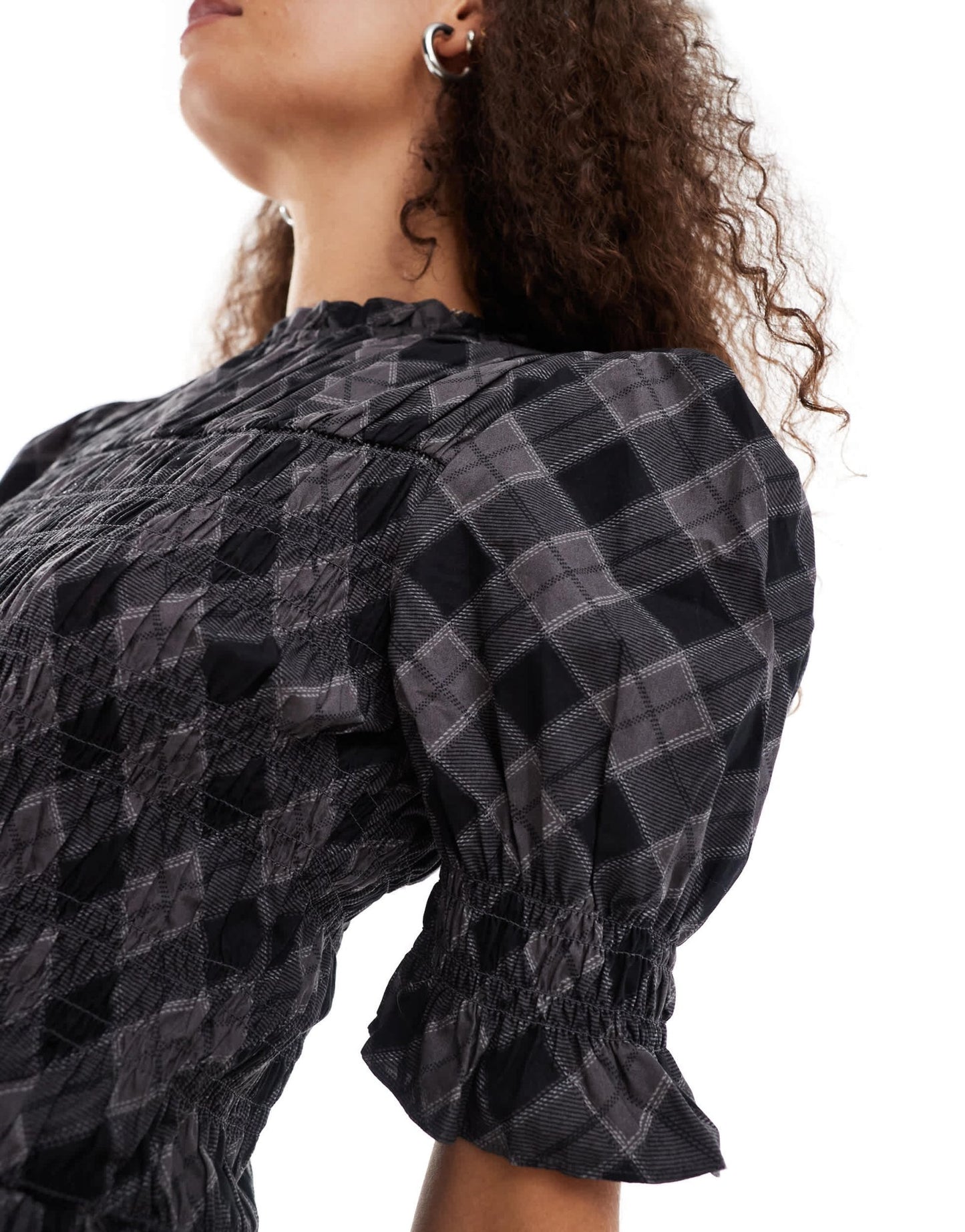 Monki puff sleeve shirred structured mini dress in grey check - ASOS Sample Sale