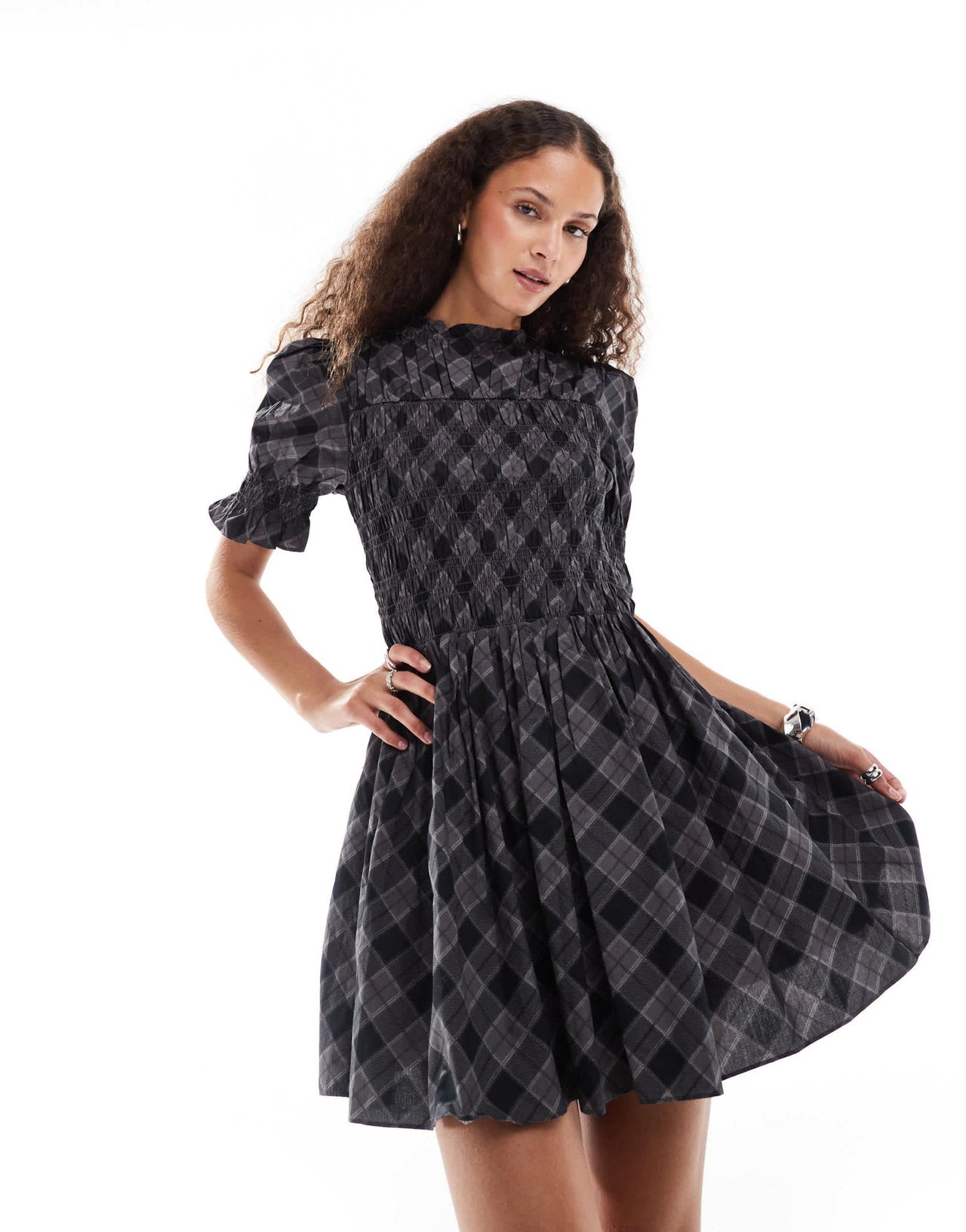 Monki puff sleeve shirred structured mini dress in grey check - ASOS Sample Sale
