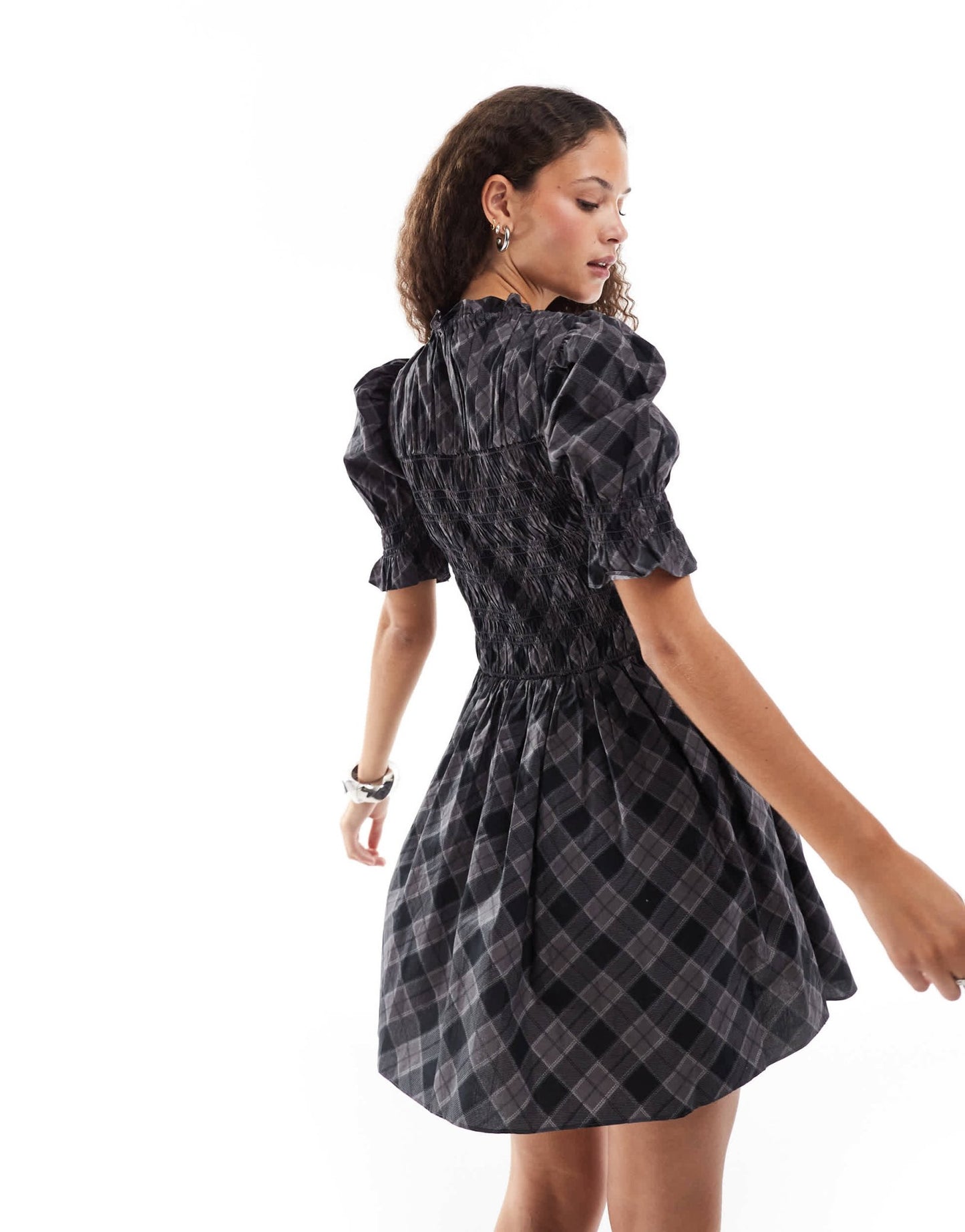 Monki puff sleeve shirred structured mini dress in grey check - ASOS Sample Sale