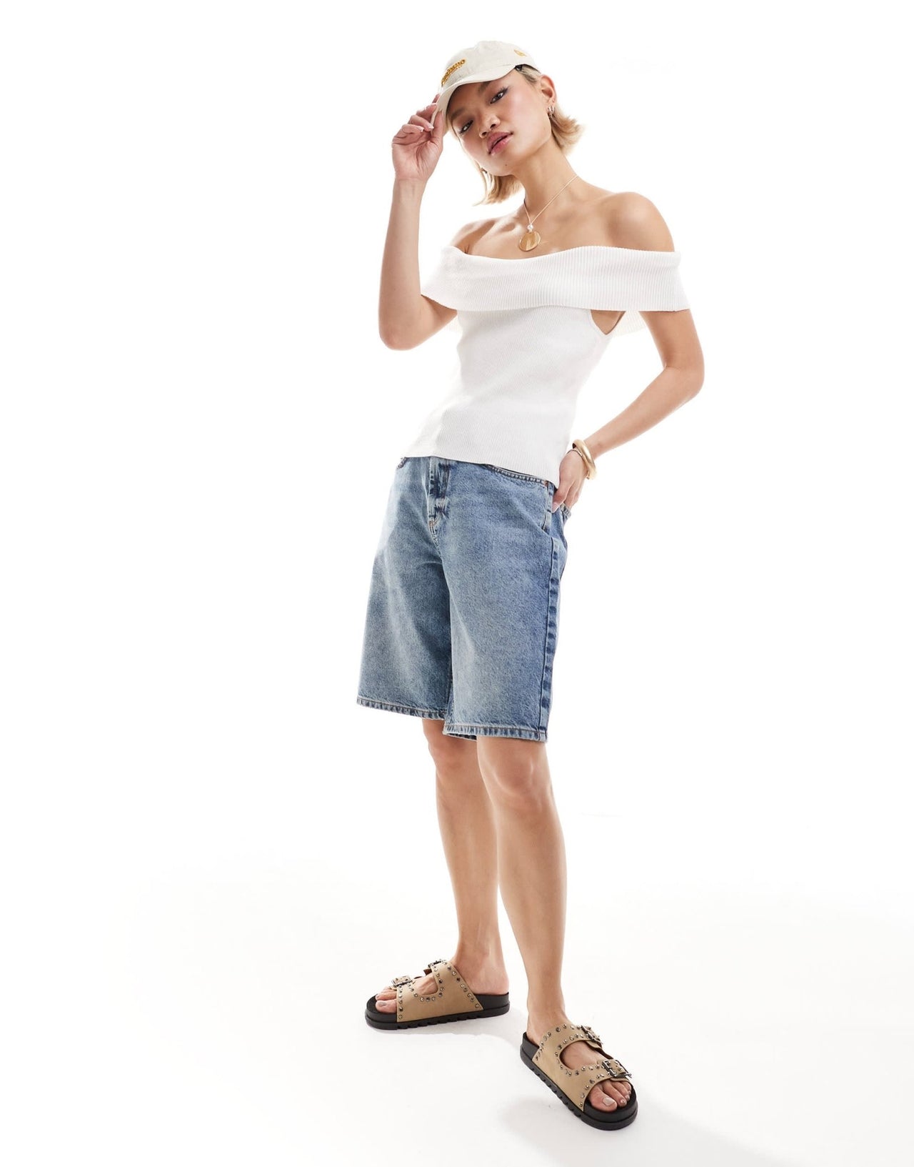 Monki rib knit off shoulder foldover in white - ASOS Sample Sale