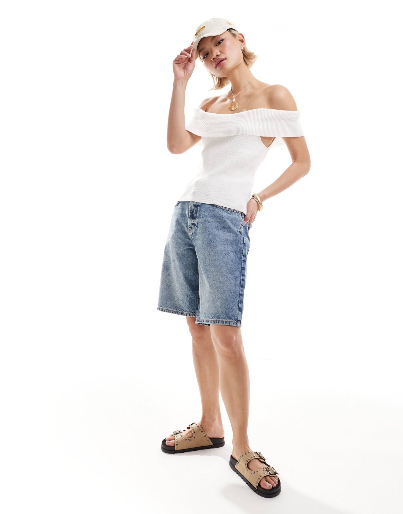 Monki rib knit off shoulder foldover in white - ASOS Sample Sale