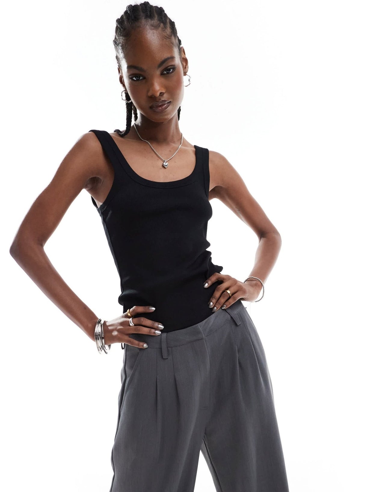 Monki ribbed fitted vest top with scoop neck in black - ASOS Sample Sale