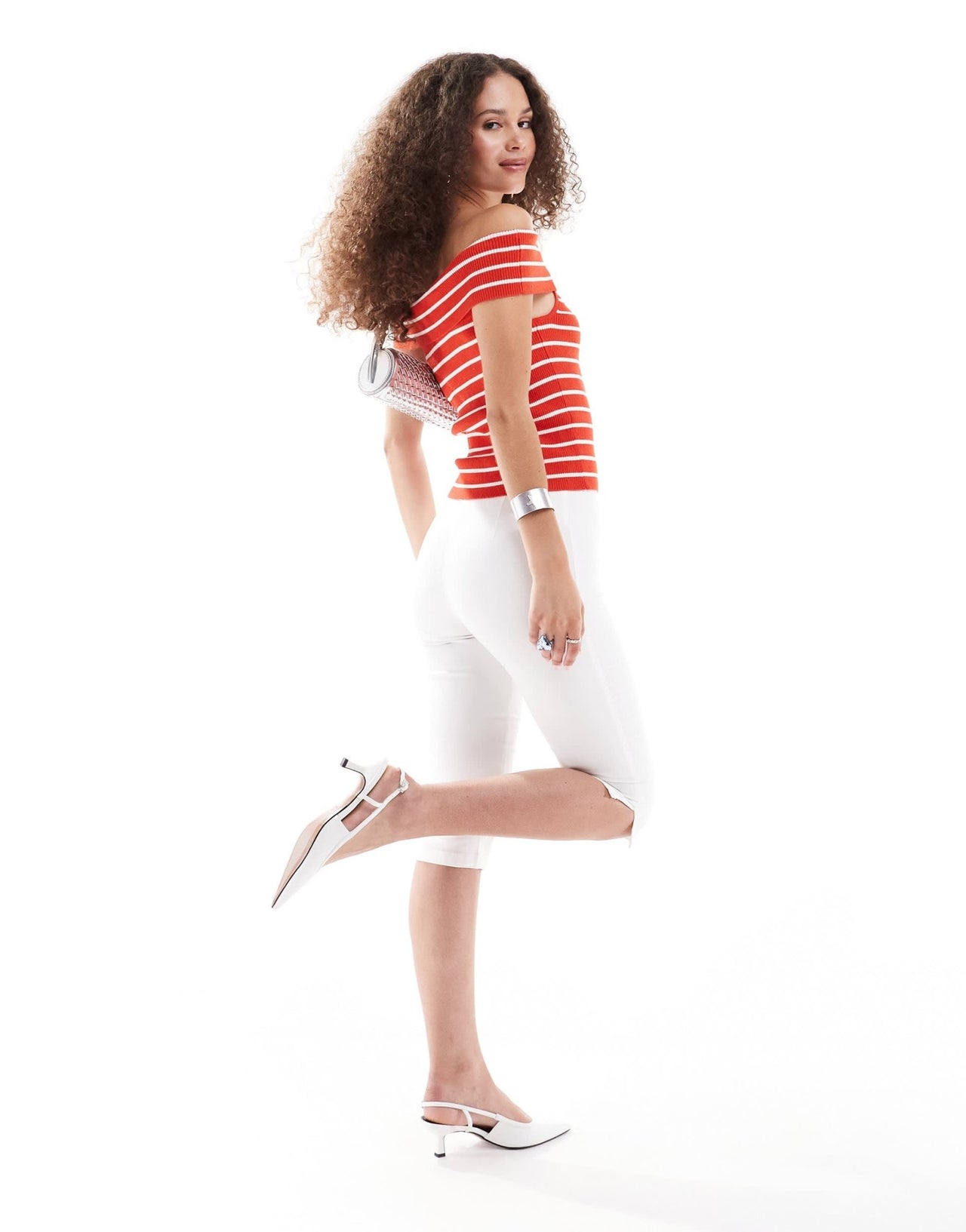 Monki ribbed knitted off the shoulder bardot top in red and white stripe - ASOS Sample Sale