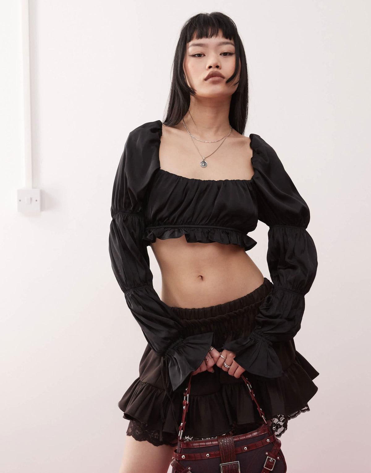 Monki satin ruched puff long sleeve crop top in black - ASOS Sample Sale