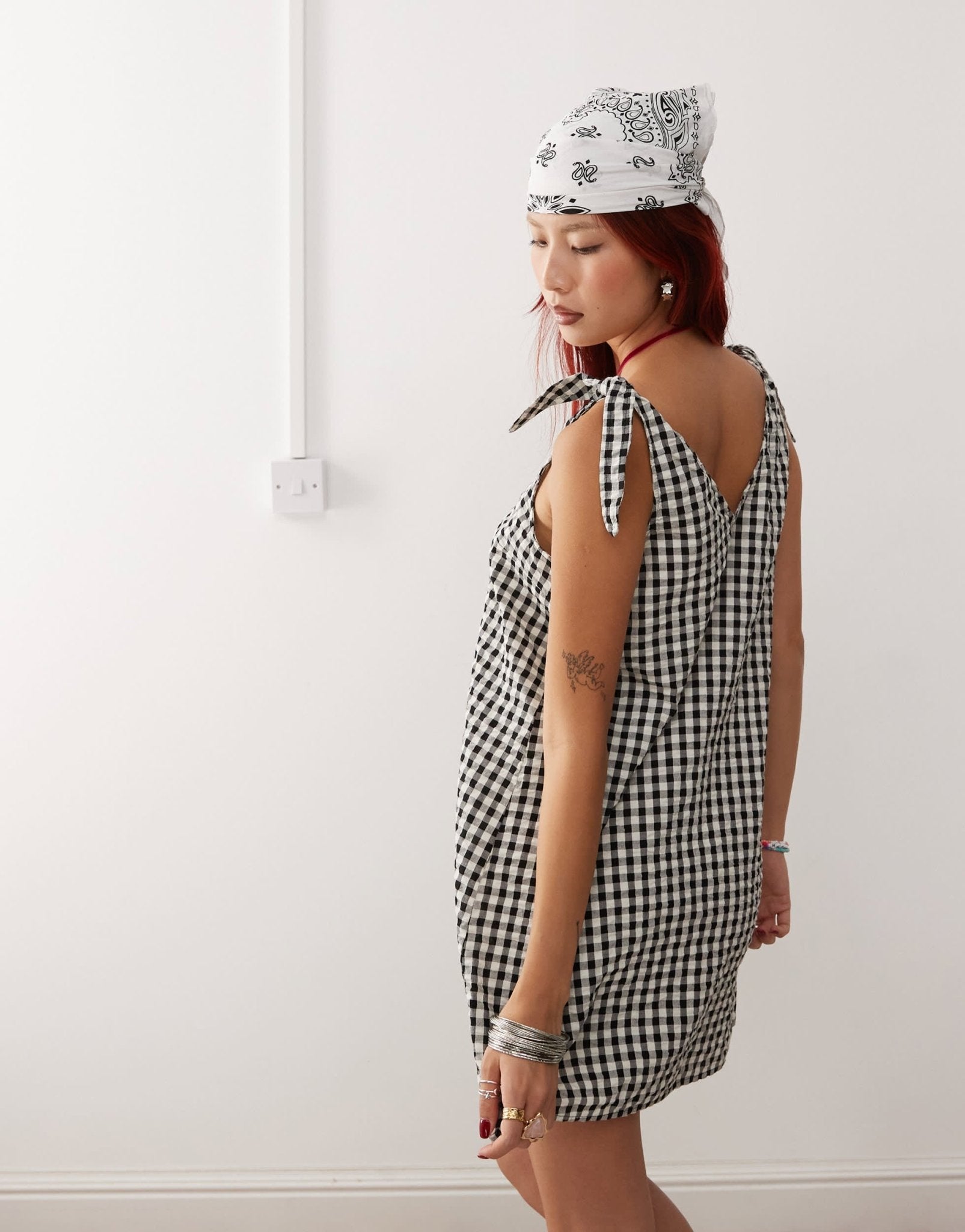 Monki seersucker bow tie strap mini dress in black and white gingham - ASOS Sample Sale