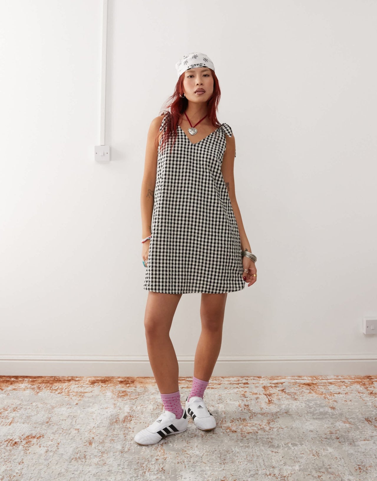 Monki seersucker bow tie strap mini dress in black and white gingham - ASOS Sample Sale