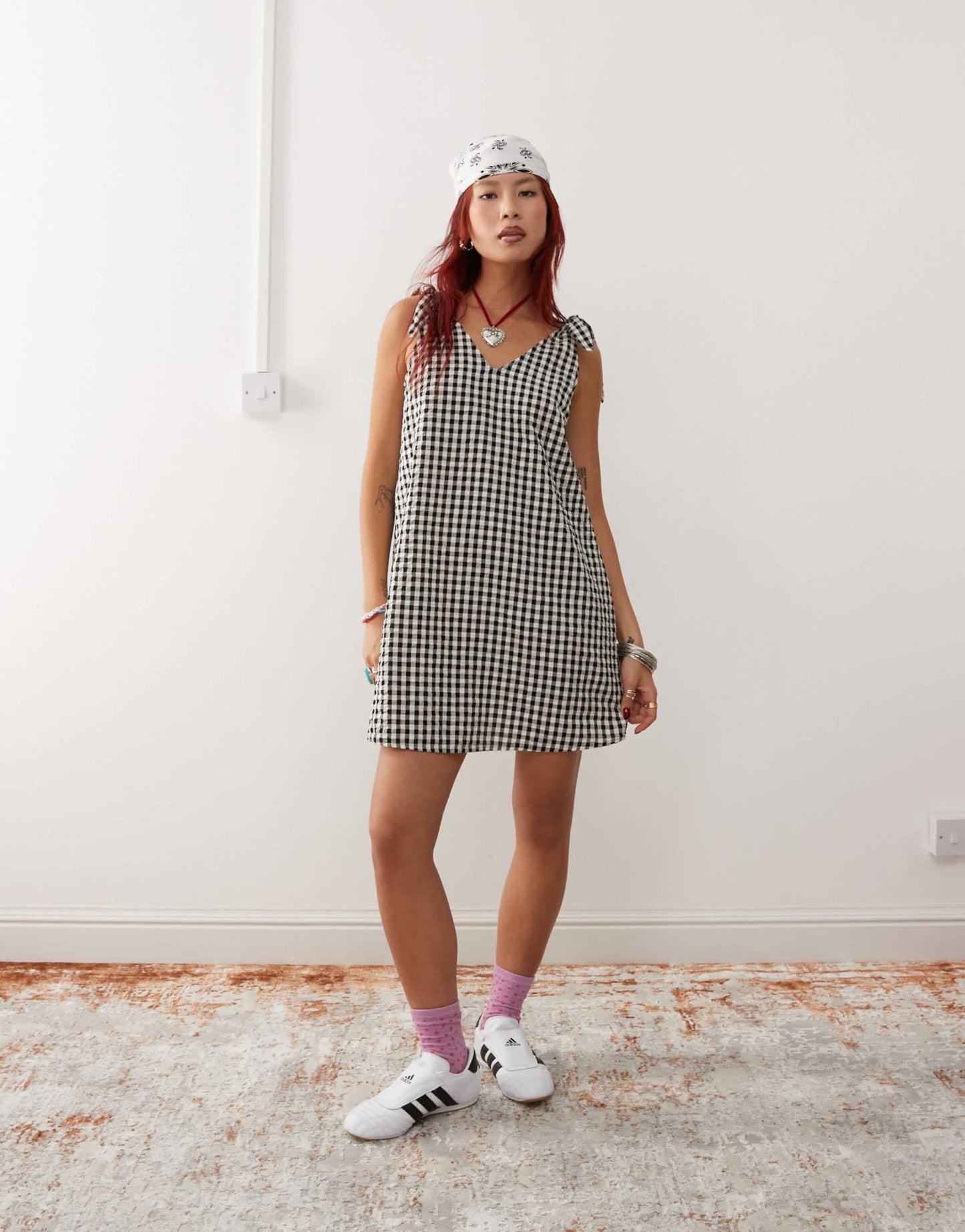 Monki seersucker bow tie strap mini dress in black and white gingham - ASOS Sample Sale