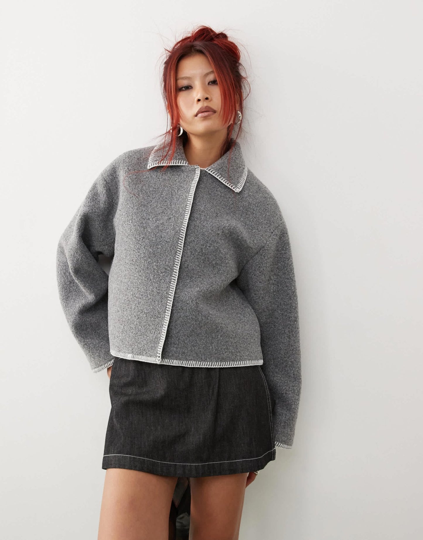 Monki short jacket in grey melange with contrast stitching - ASOS Sample Sale