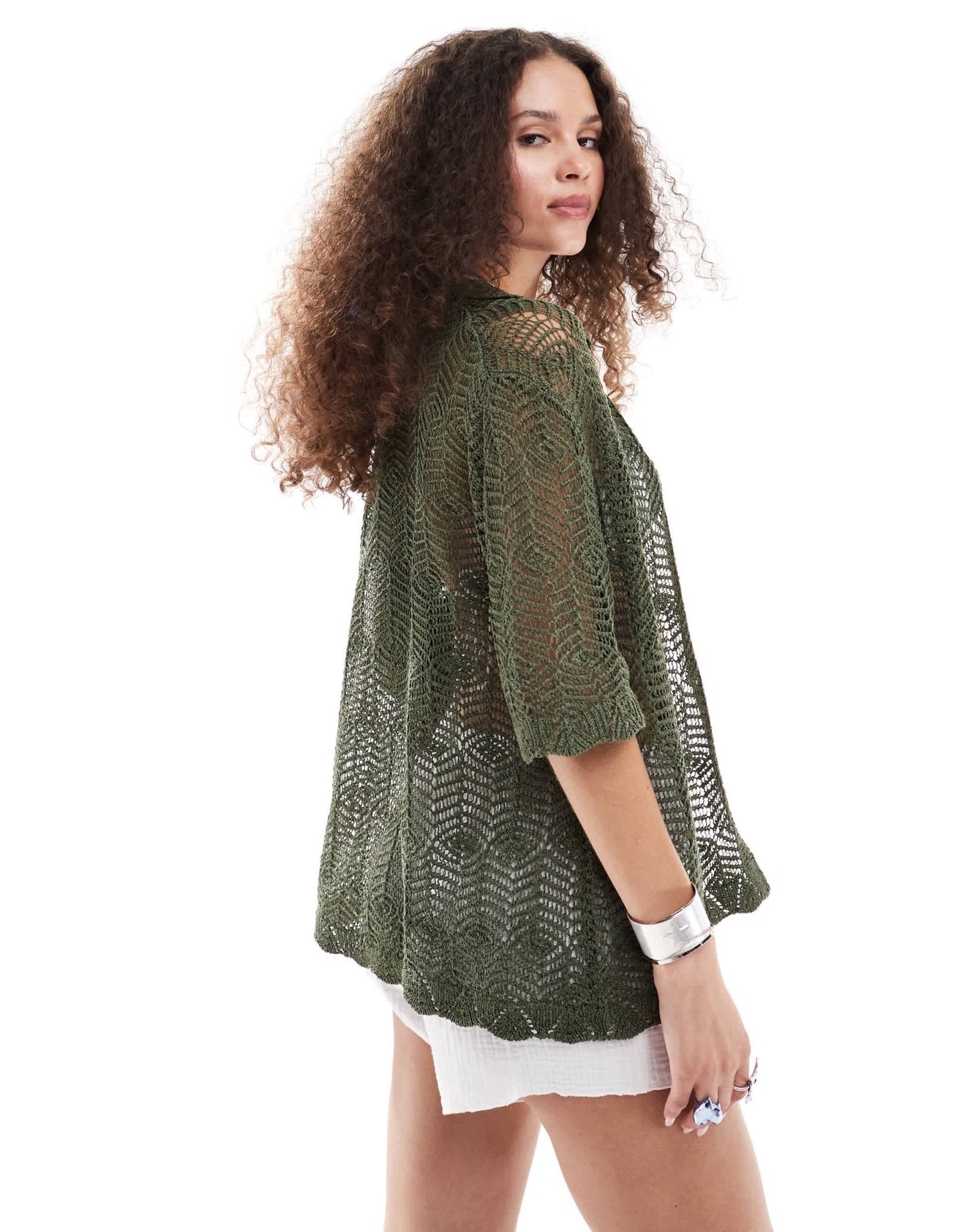 Monki short sleeve button down crochet knit shirt in green - ASOS Sample Sale