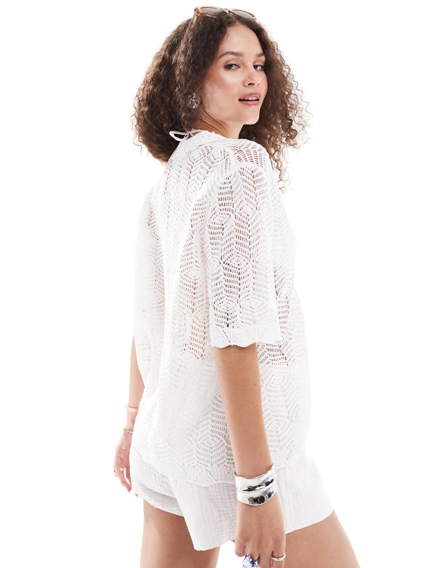 Monki short sleeve button down crochet knit shirt in white - ASOS Sample Sale