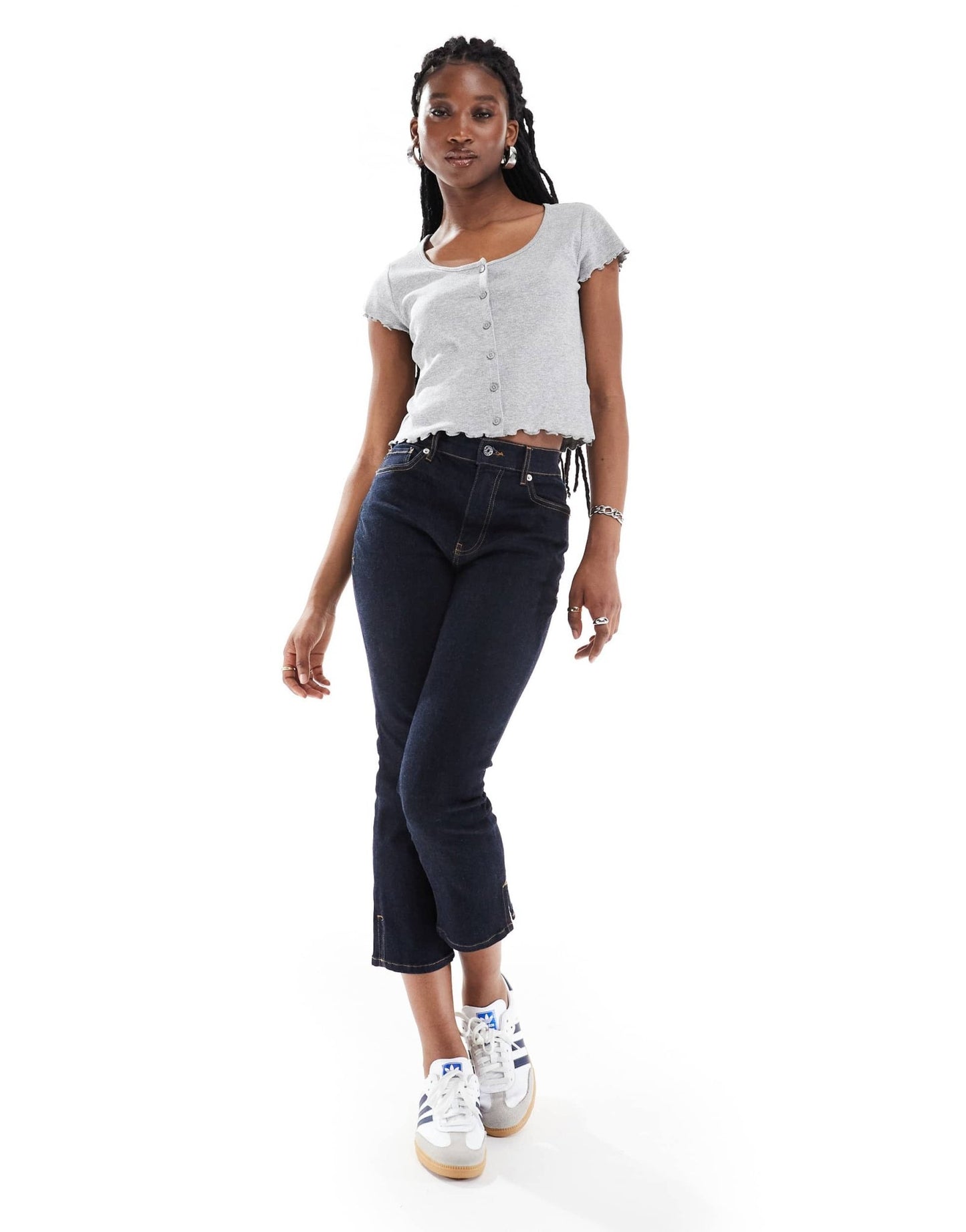 Monki short sleeve button down lettuce edge top in grey melange - ASOS Sample Sale