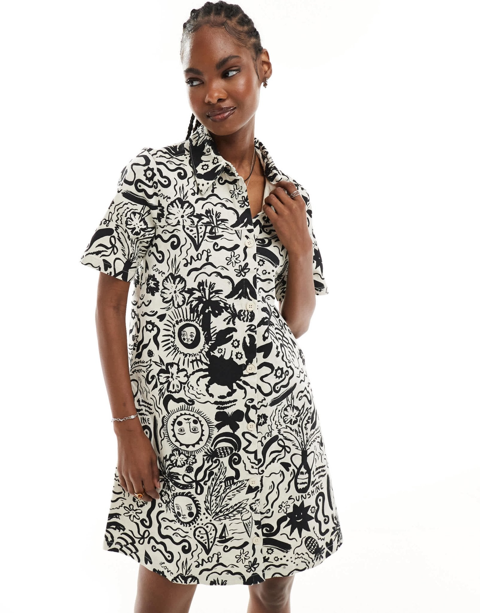 Monki short sleeve button through collar mini shirt dress in mono summer print - ASOS Sample Sale
