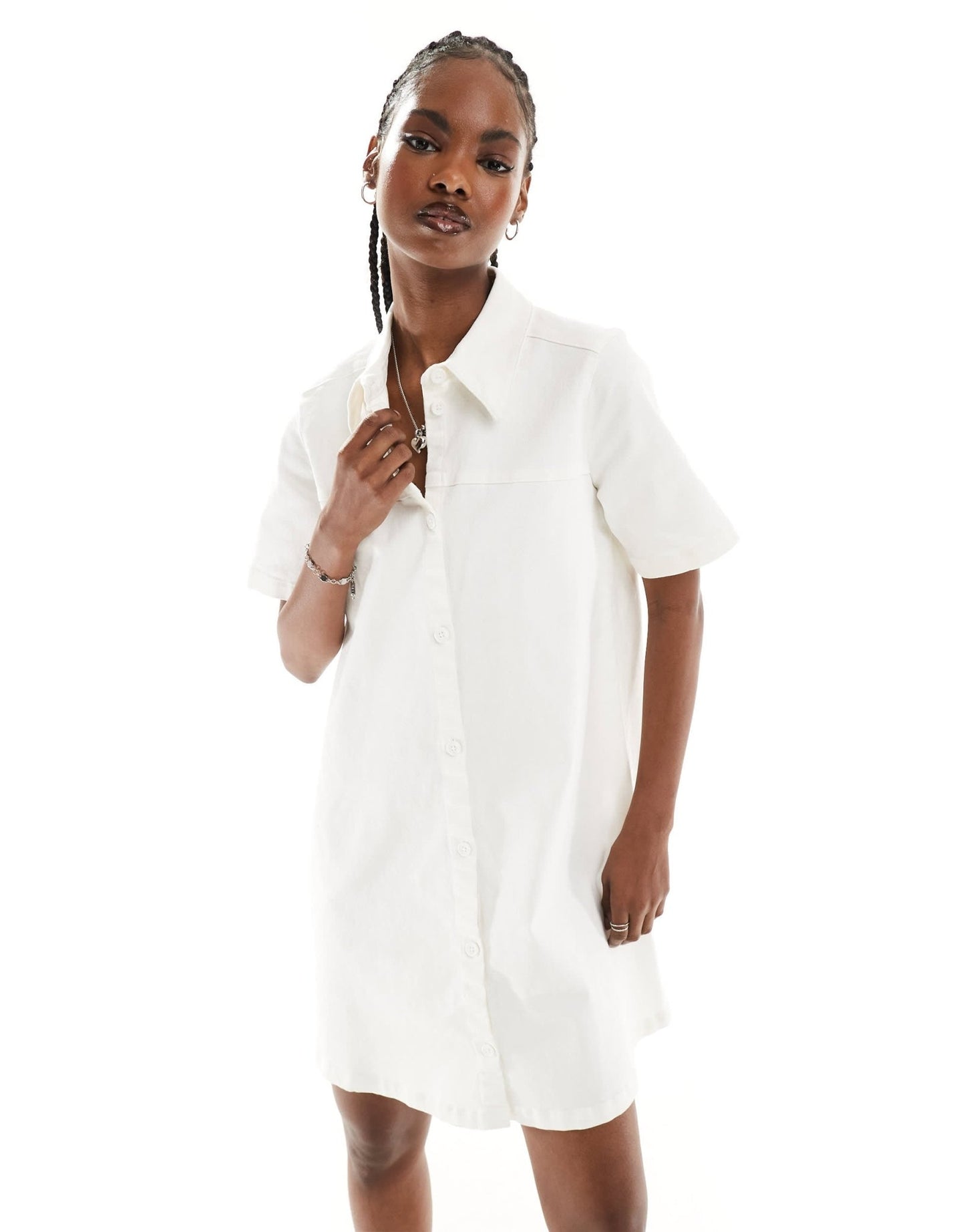 Monki short sleeve button through collar mini shirt dress in white - ASOS Sample Sale