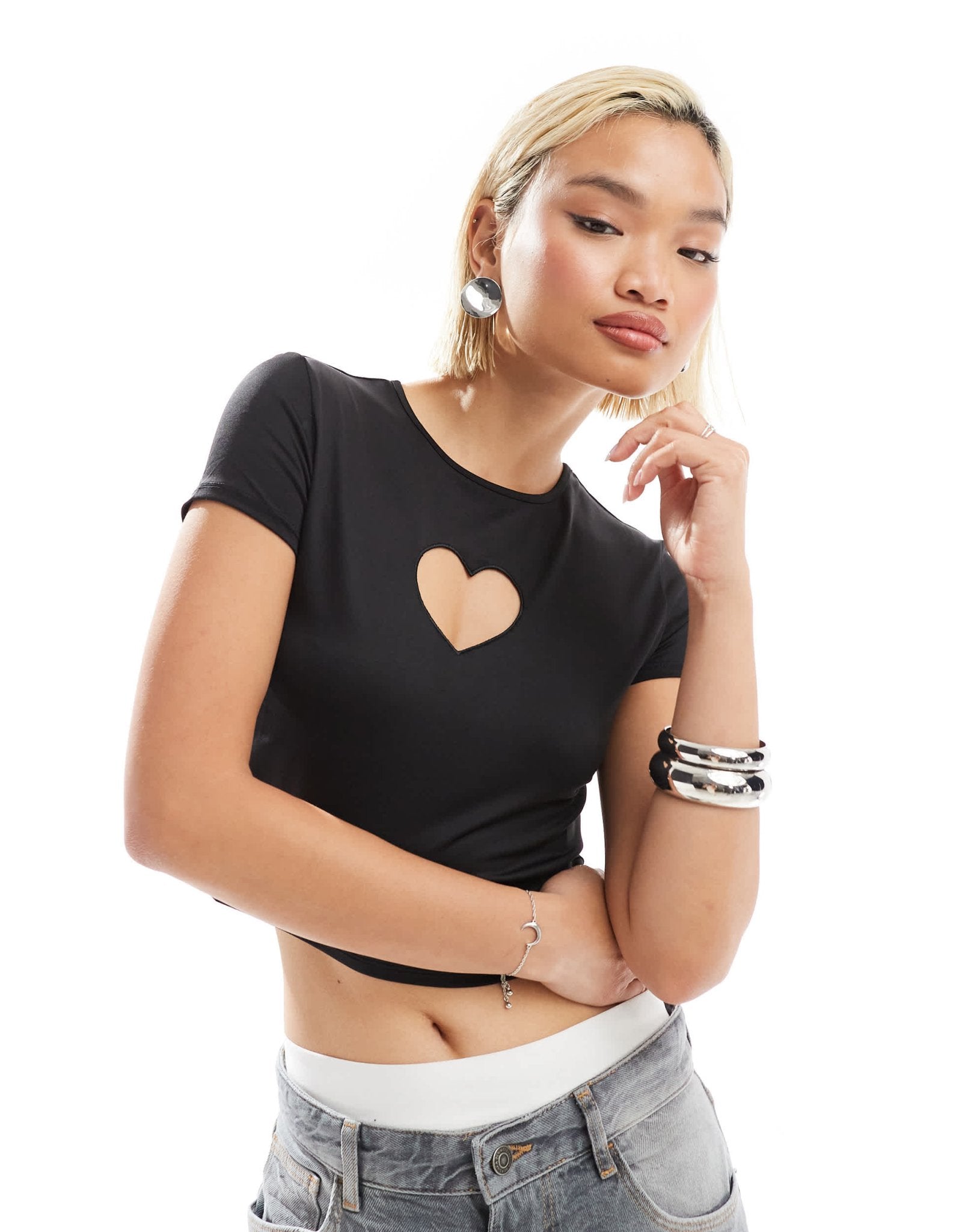 Monki short sleeve cut out heart mini top in black - ASOS Sample Sale