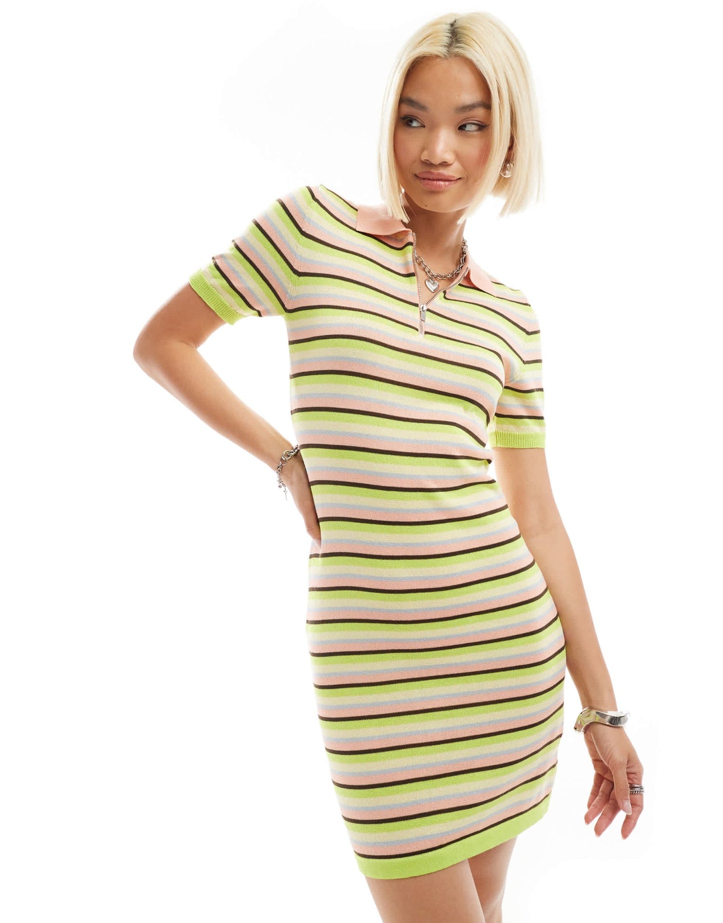 Monki short sleeve midi polo knit tennis dress in multi stripe - S
