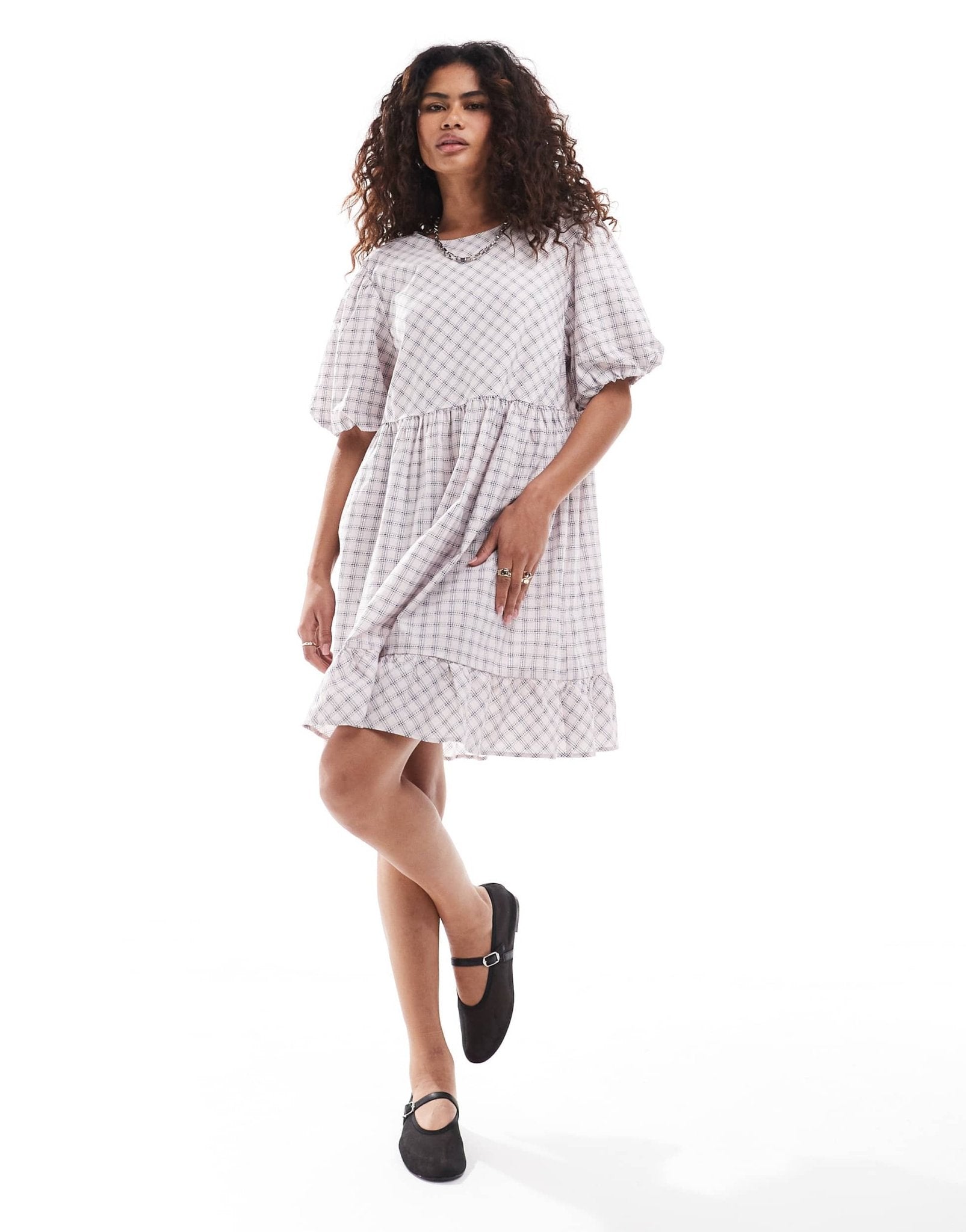 Monki short sleeve smock mini dress in pink check - ASOS Sample Sale