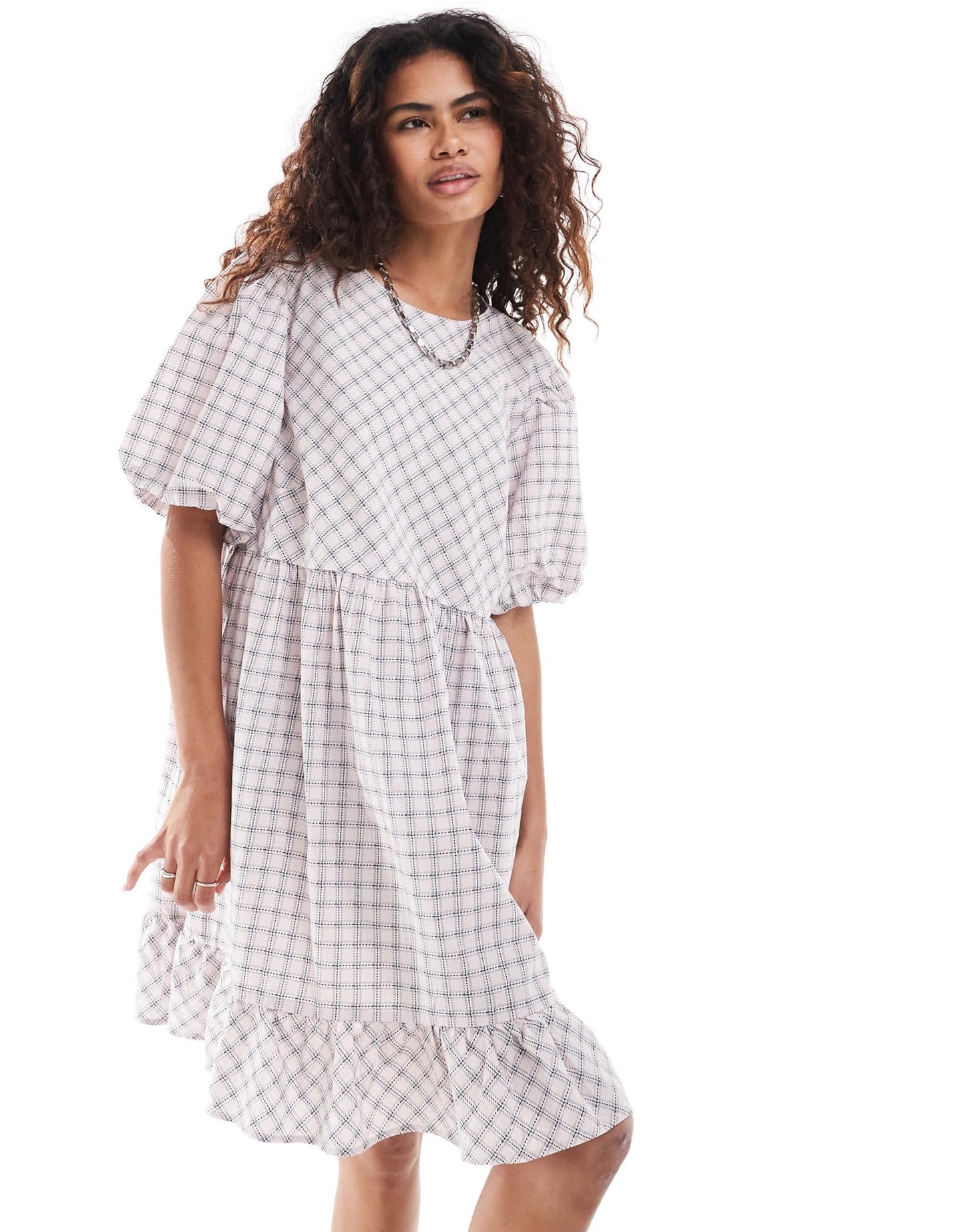 Monki short sleeve smock mini dress in pink check - ASOS Sample Sale