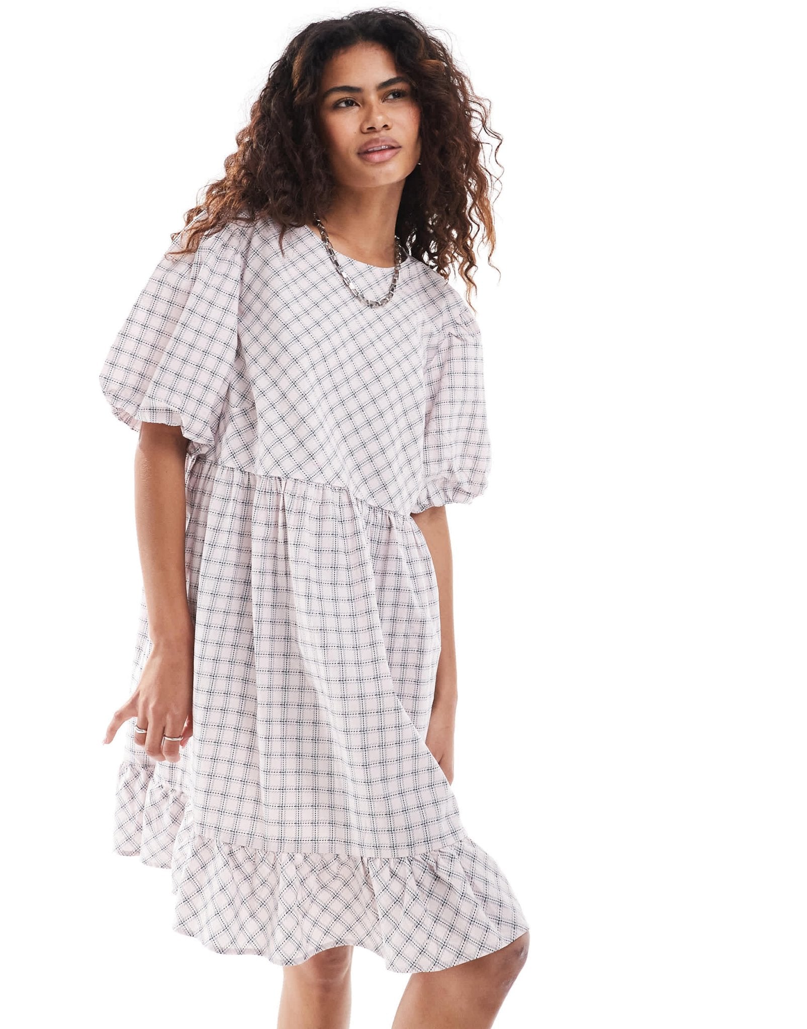 Monki short sleeve smock mini dress in pink check - ASOS Sample Sale