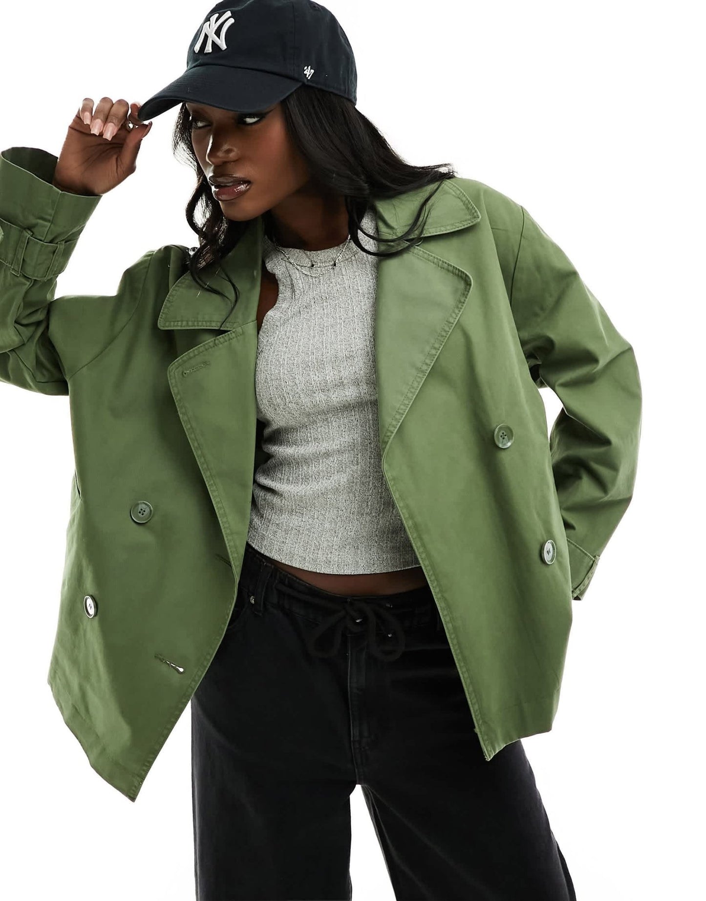 Monki short trench coat in khaki green - ASOS Sample Sale