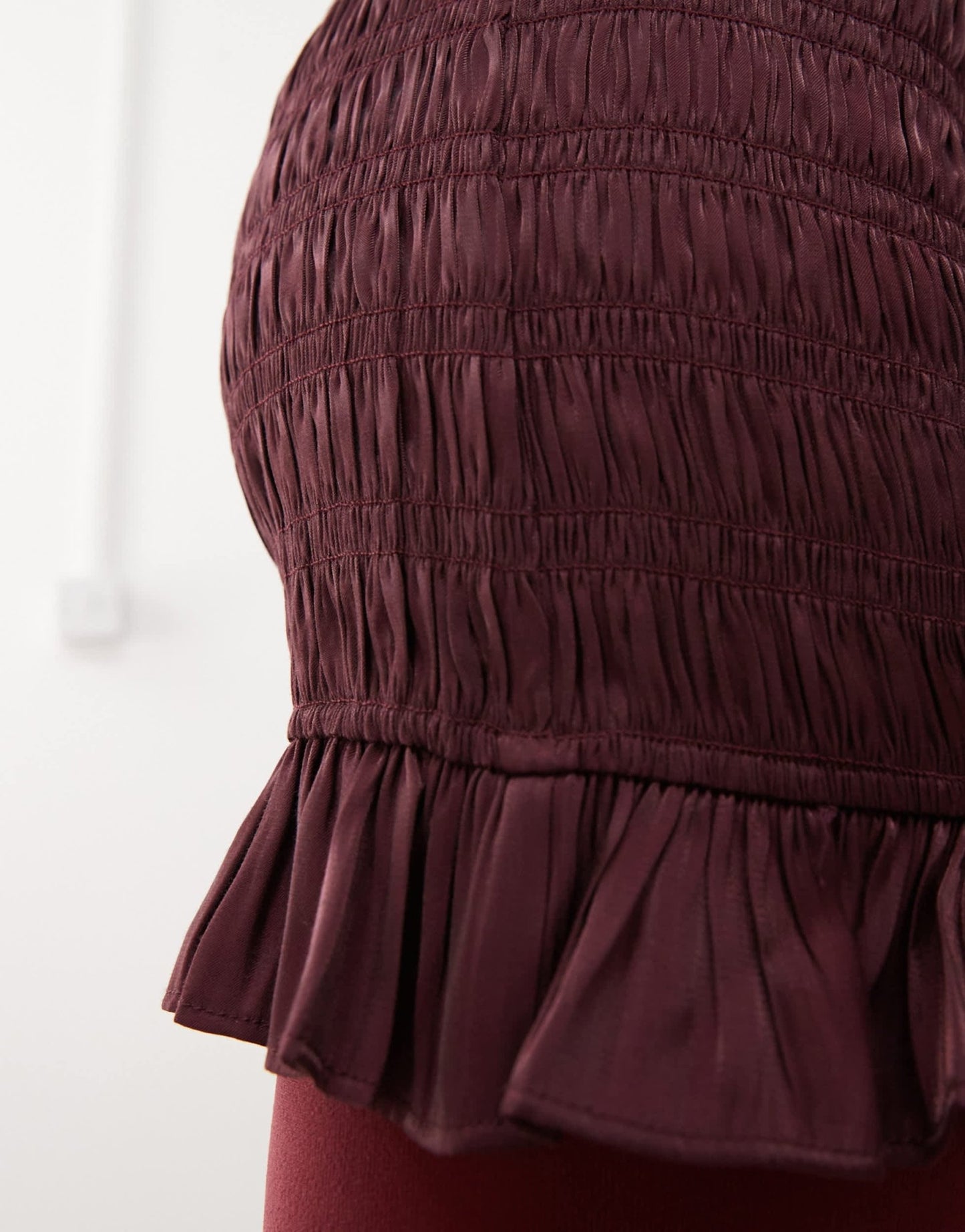 Monki sleeveless satin shirred dress with frill edges in burgundy - ASOS Sample Sale