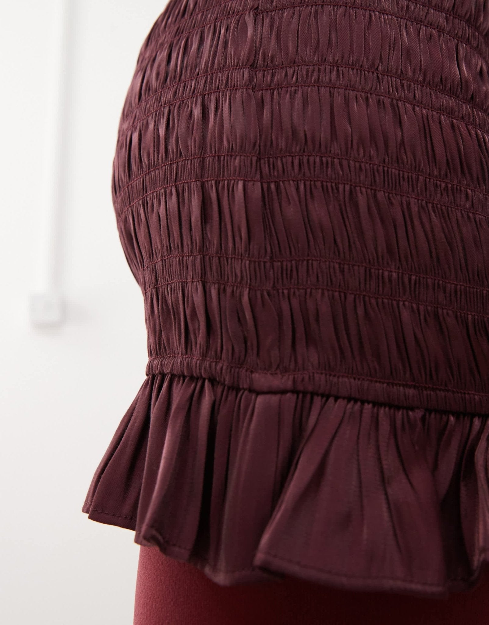 Monki sleeveless satin shirred dress with frill edges in burgundy - ASOS Sample Sale