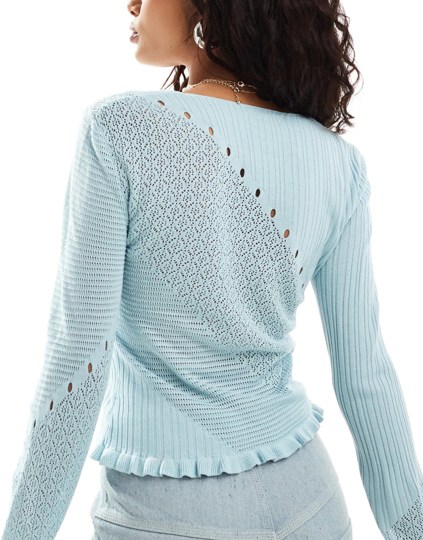 Monki small rib v neck knit long sleeve top with hem detail in blue - ASOS Sample Sale