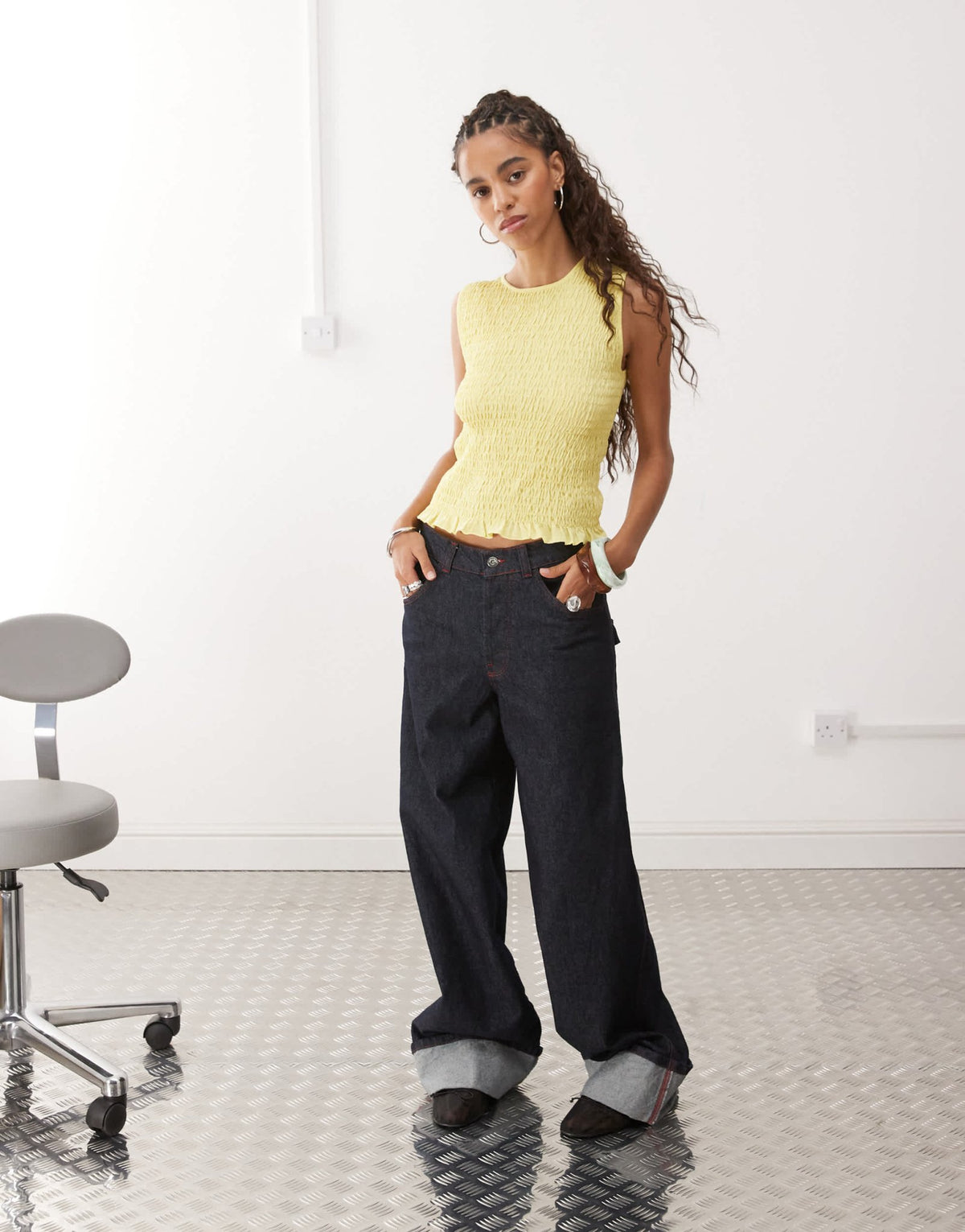 Monki smock shirred sleeveless tank with frill edge in yellow - ASOS Sample Sale