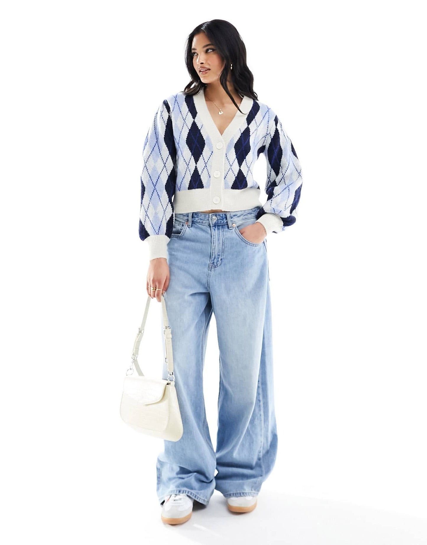Monki soft knit cardigan in blue argyle check - ASOS Sample Sale