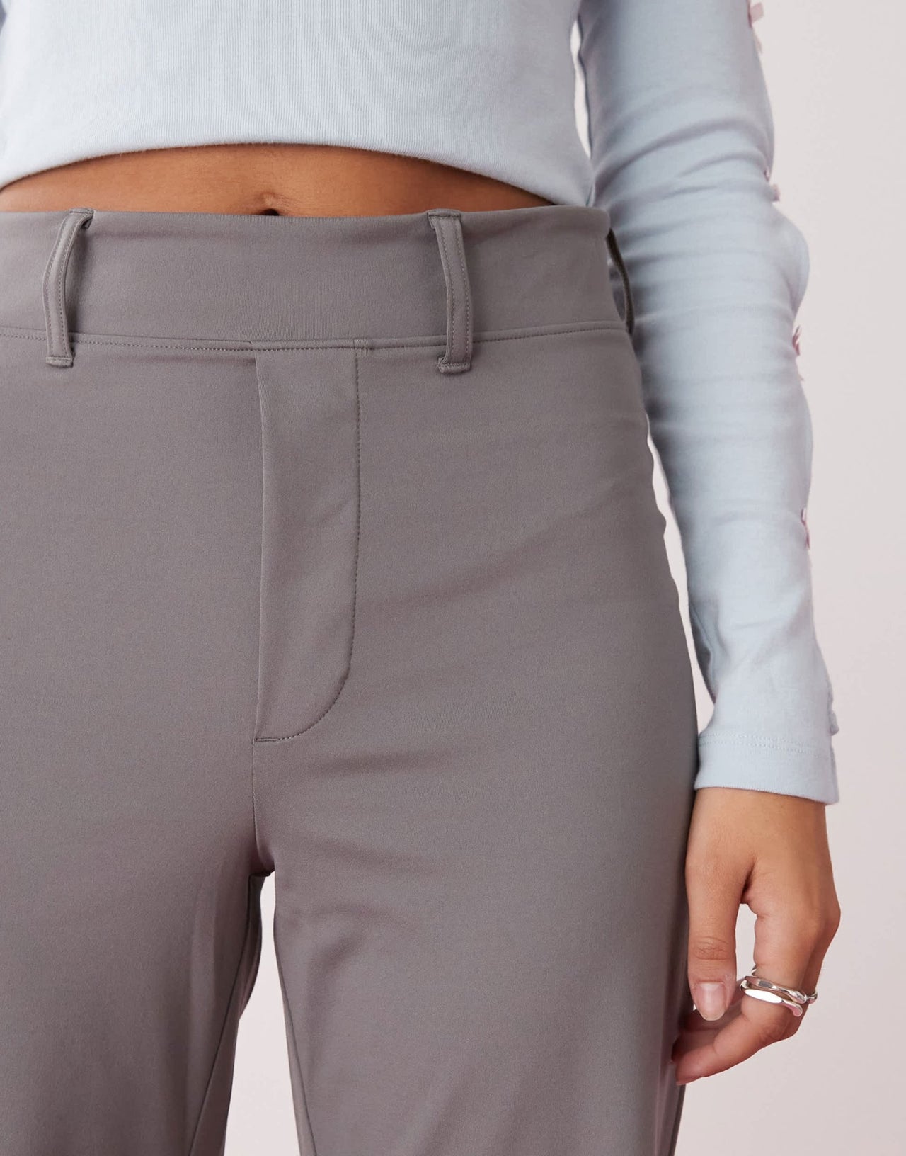 Monki stretch straight leg trousers with pull - on waist in grey - ASOS Sample Sale