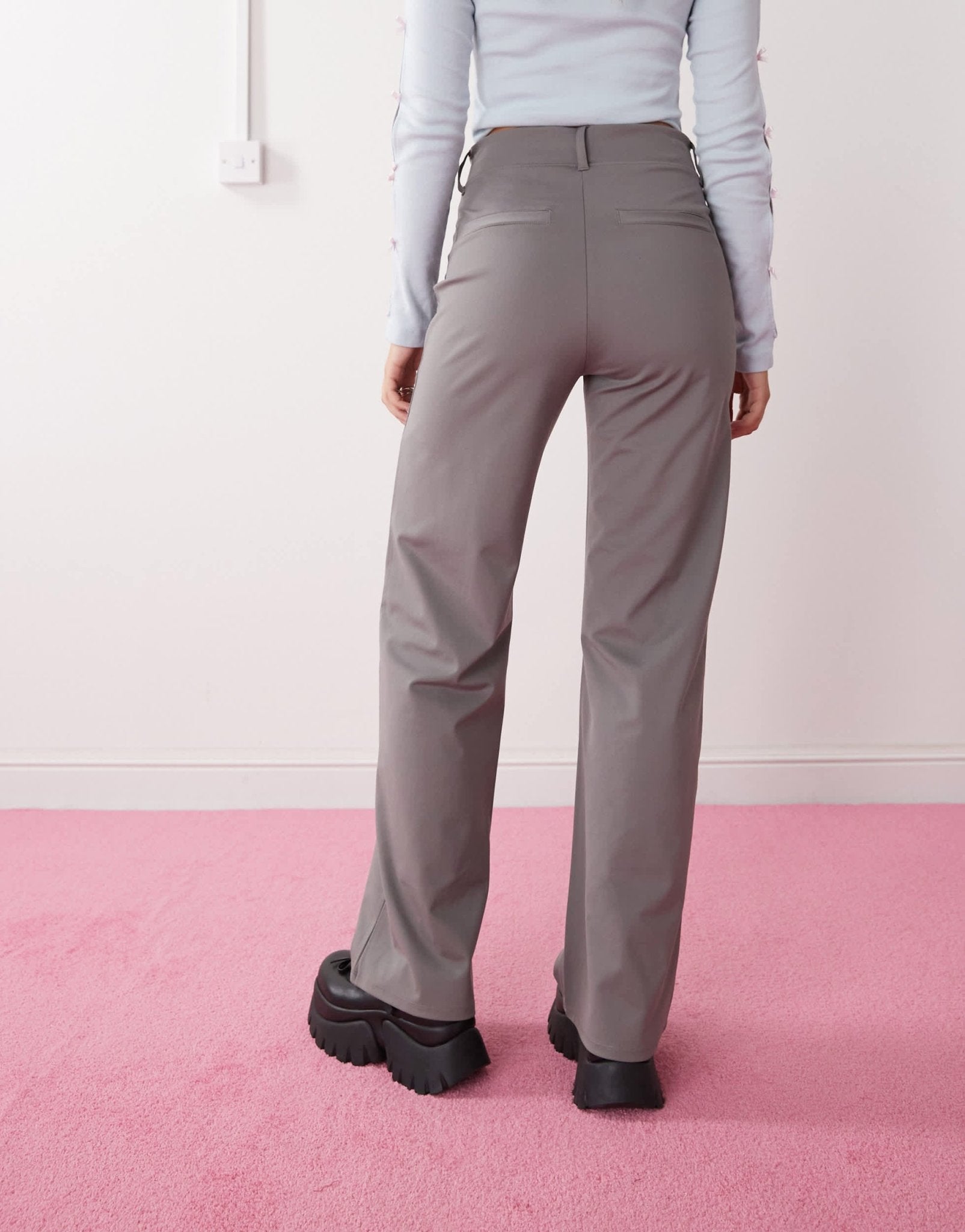 Monki stretch straight leg trousers with pull - on waist in grey - ASOS Sample Sale