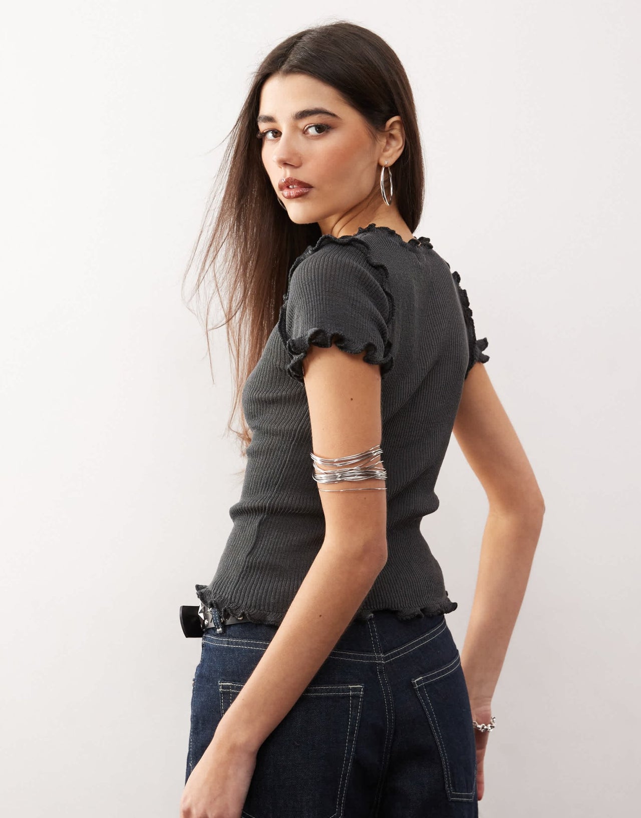 Monki structured knitted t-shirt with ruffle hem in dark grey - ASOS Sample Sale