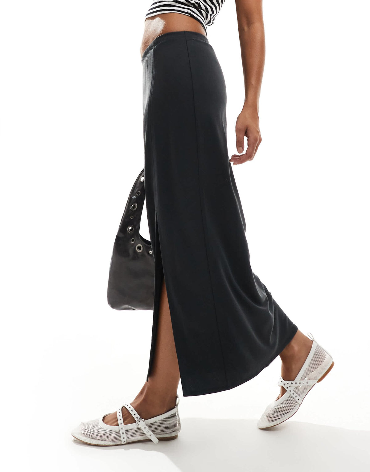 Monki super soft jersey midi skirt with elastic fold in black - ASOS Sample Sale