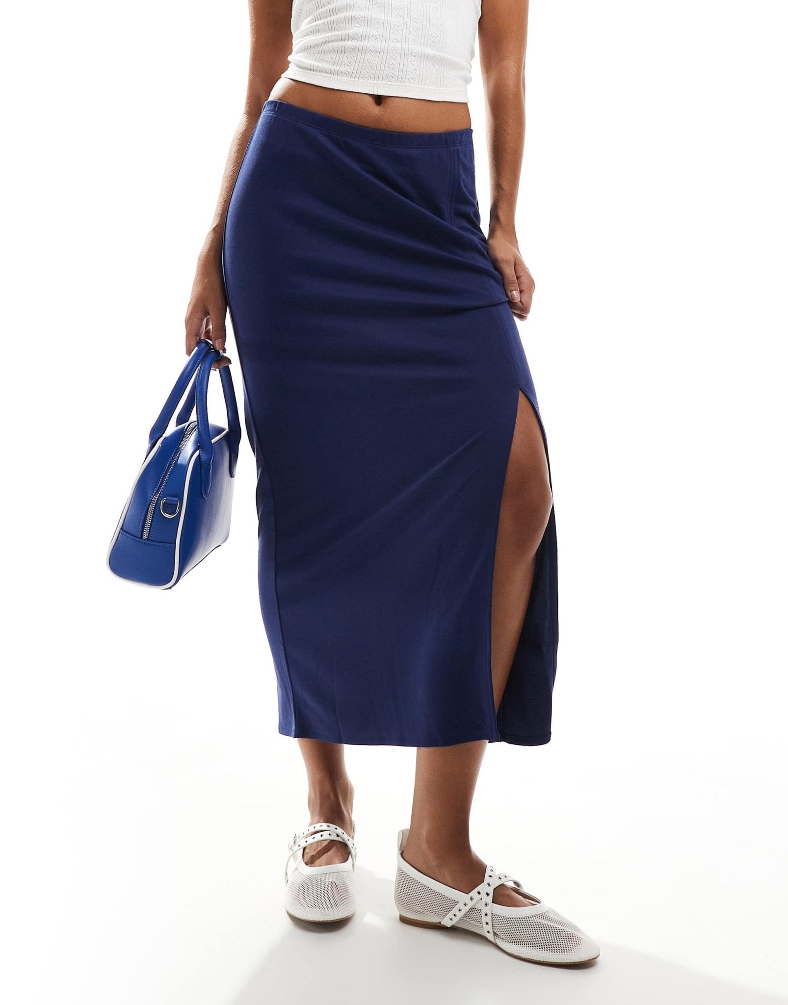 Monki super soft jersey midi skirt with elastic fold in navy - ASOS Sample Sale