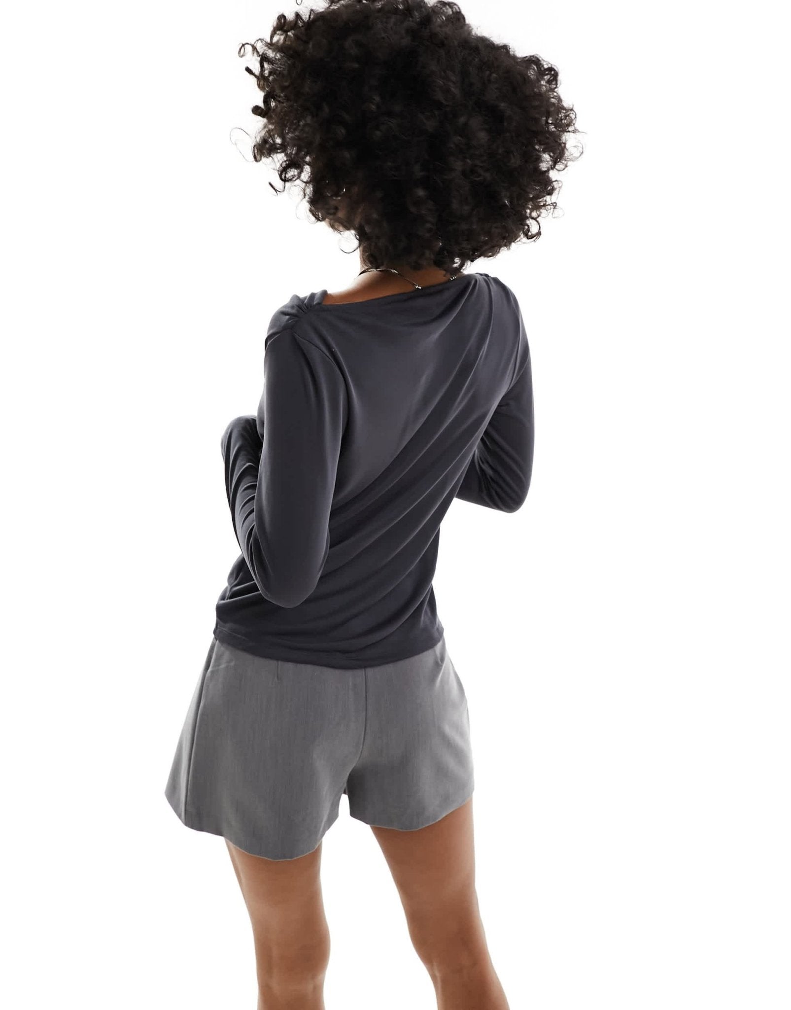 Monki super soft long sleeve boat neck top in charcoal black - ASOS Sample Sale