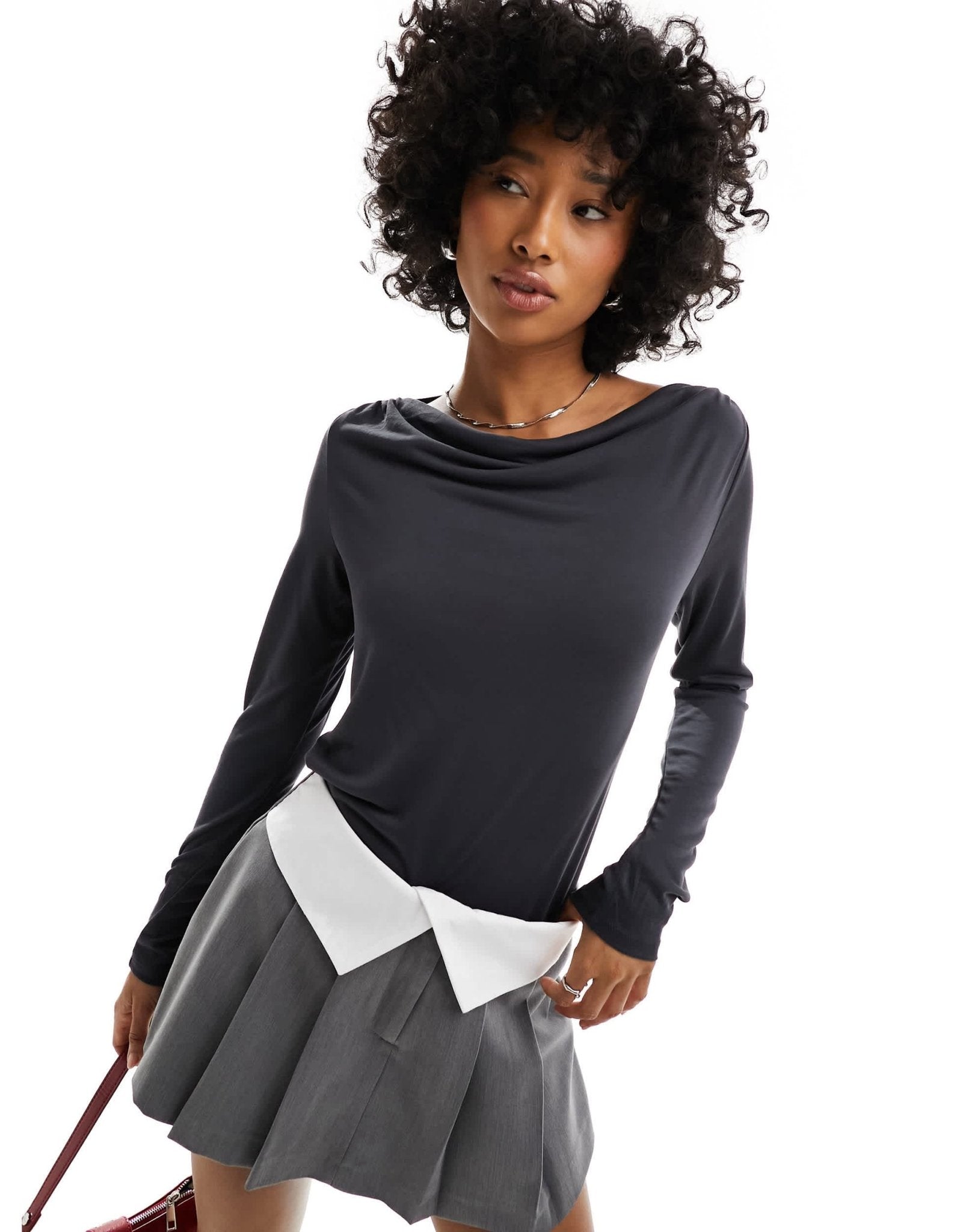 Monki super soft long sleeve boat neck top in charcoal black - ASOS Sample Sale