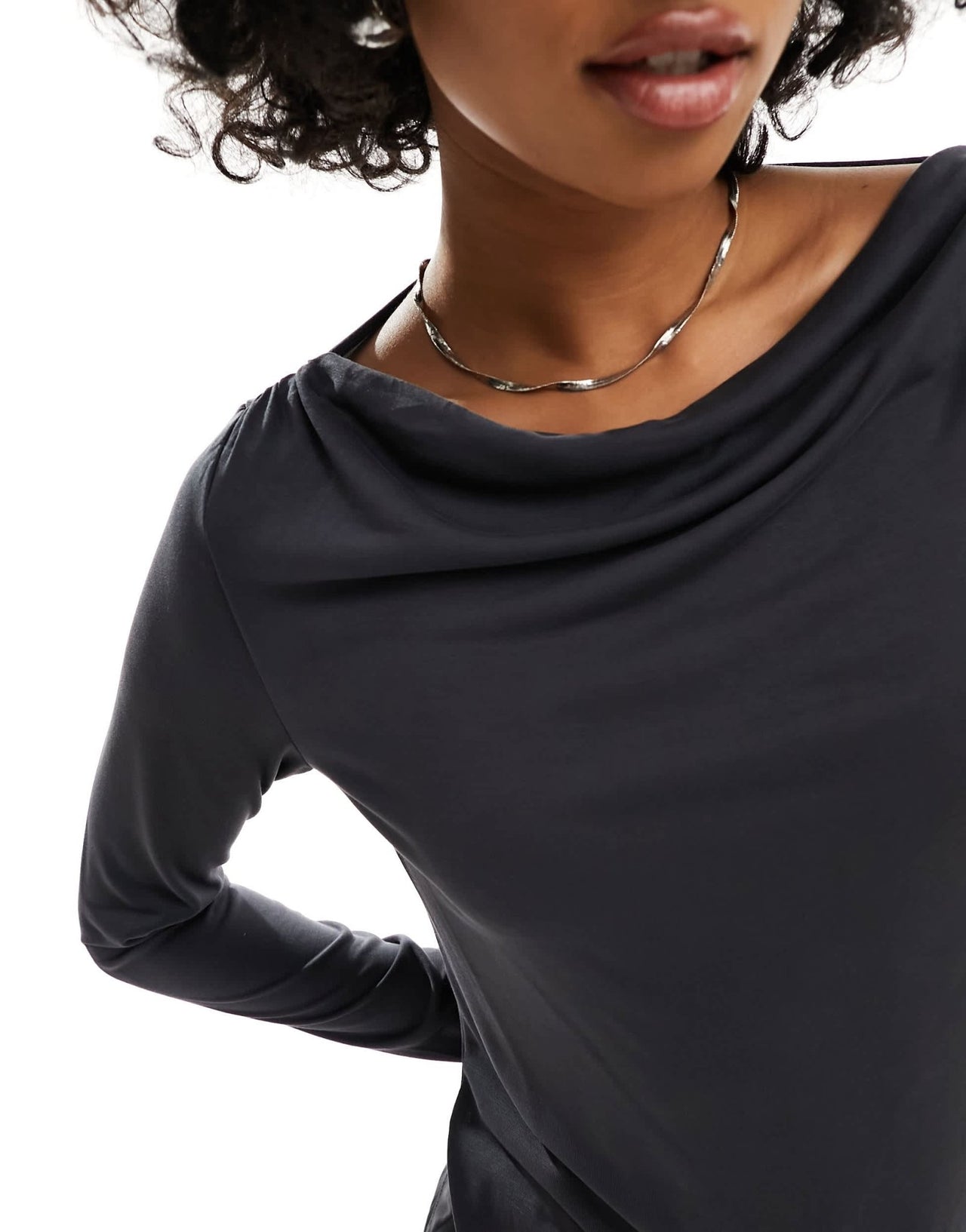 Monki super soft long sleeve boat neck top in charcoal black - ASOS Sample Sale