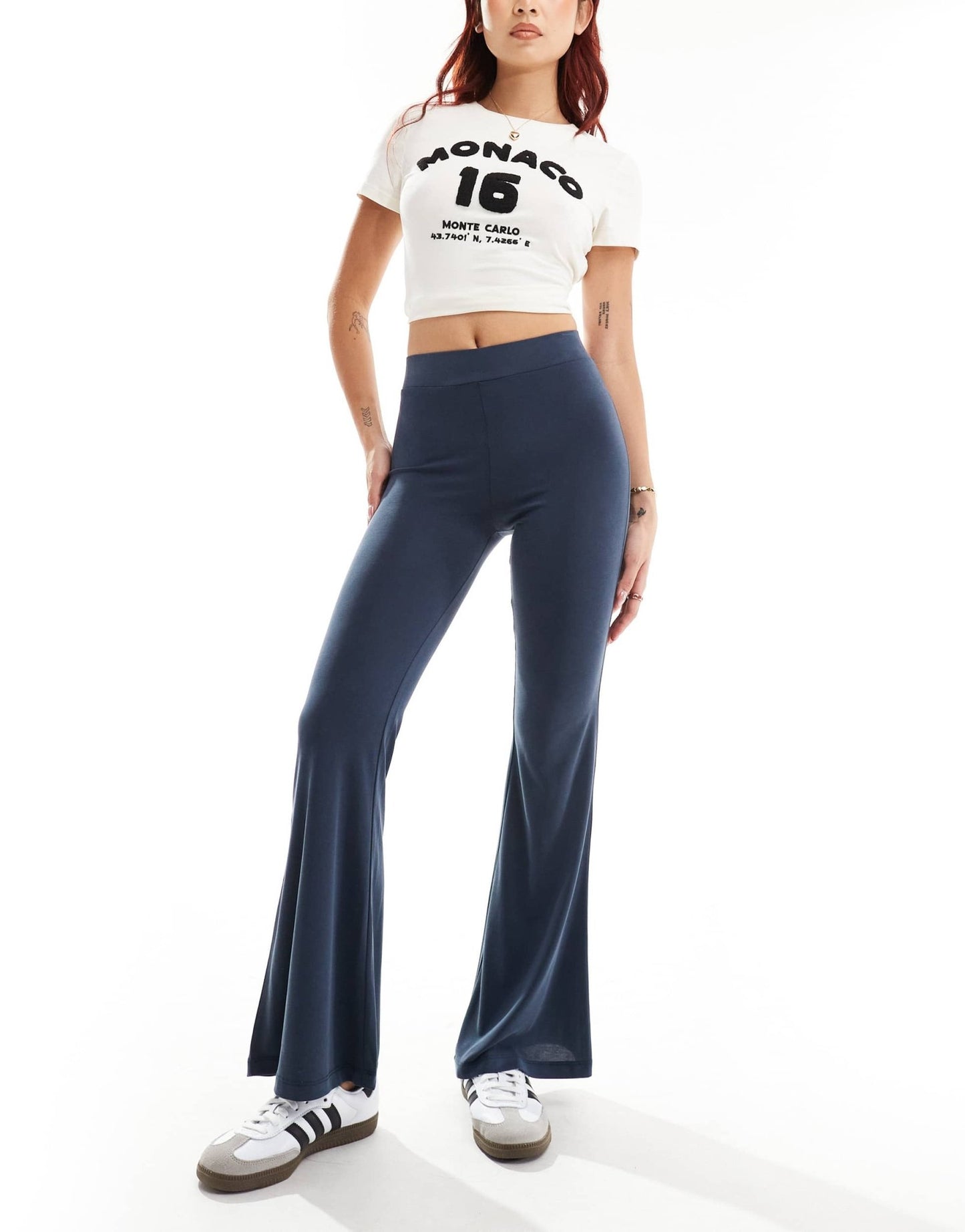 Monki super soft low waist flare jersey trousers in blue - ASOS Sample Sale