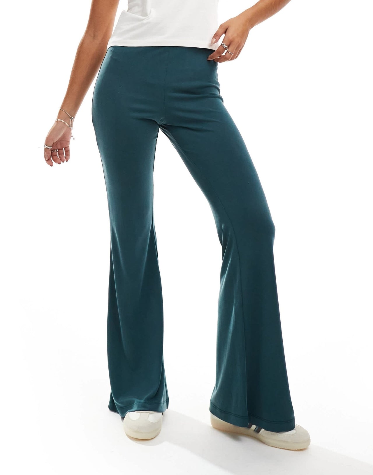 Monki super soft low waist flare jersey trousers in green - ASOS Sample Sale