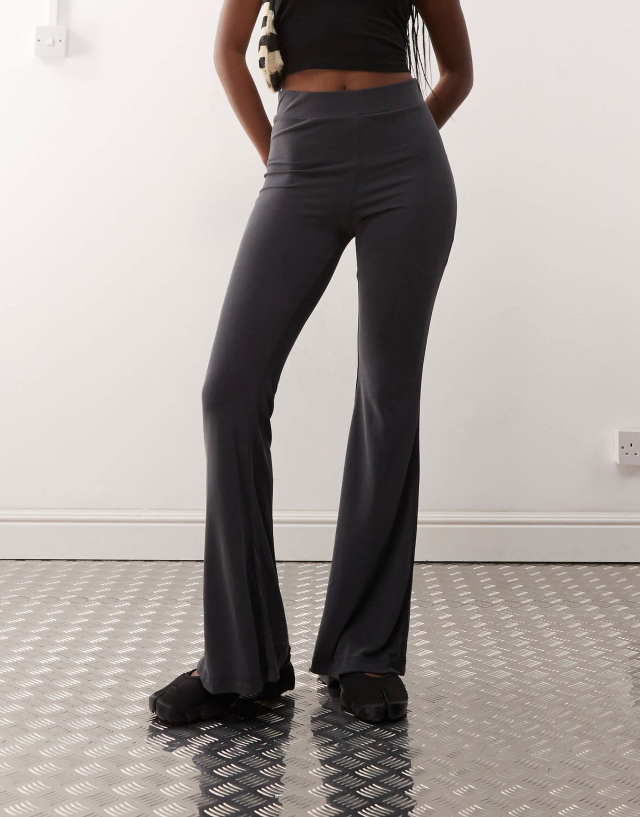 Monki super soft low waist flare jersey trousers in grey - ASOS Sample Sale