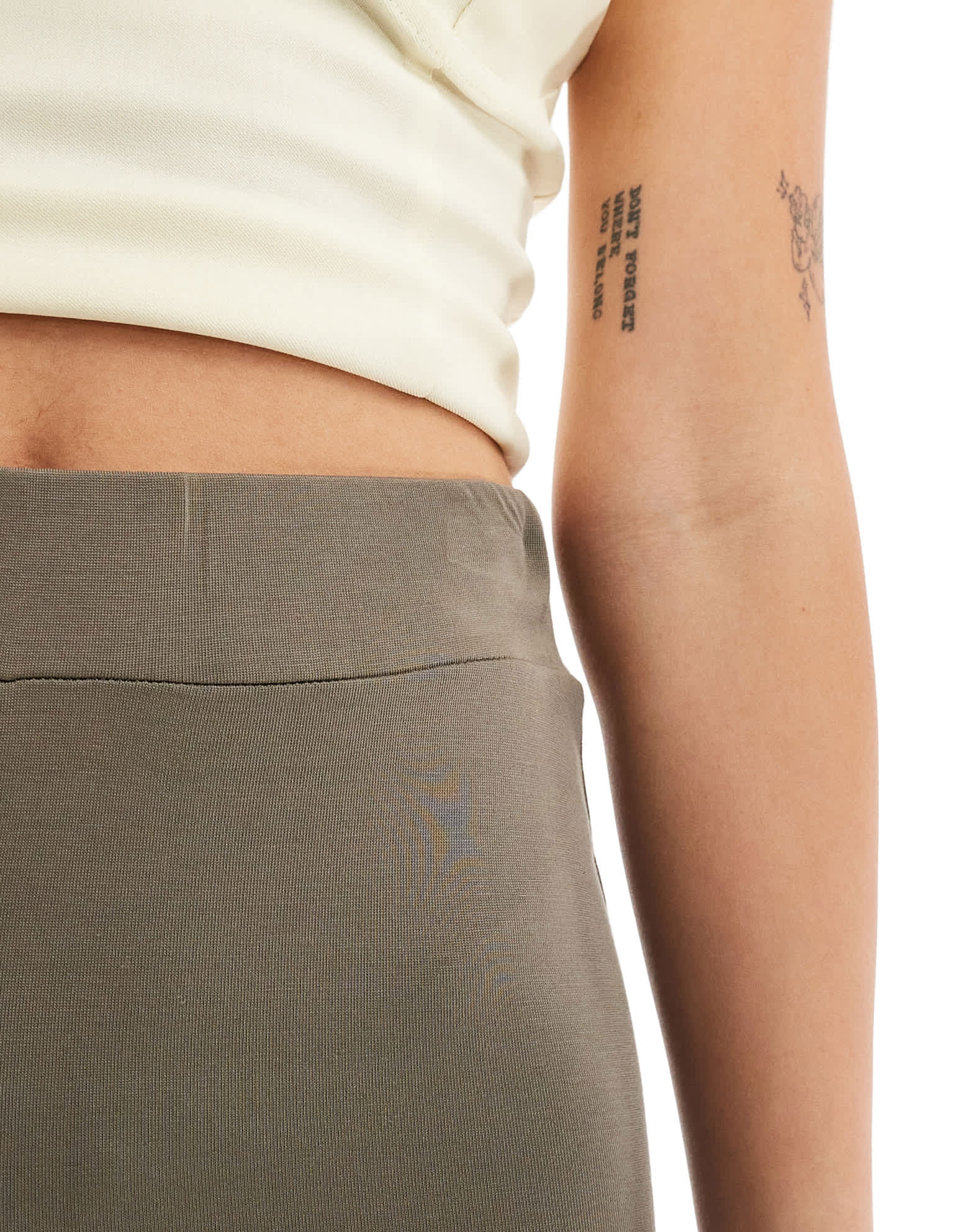 Monki super soft low waist flare jersey trousers in khaki brown - ASOS Sample Sale
