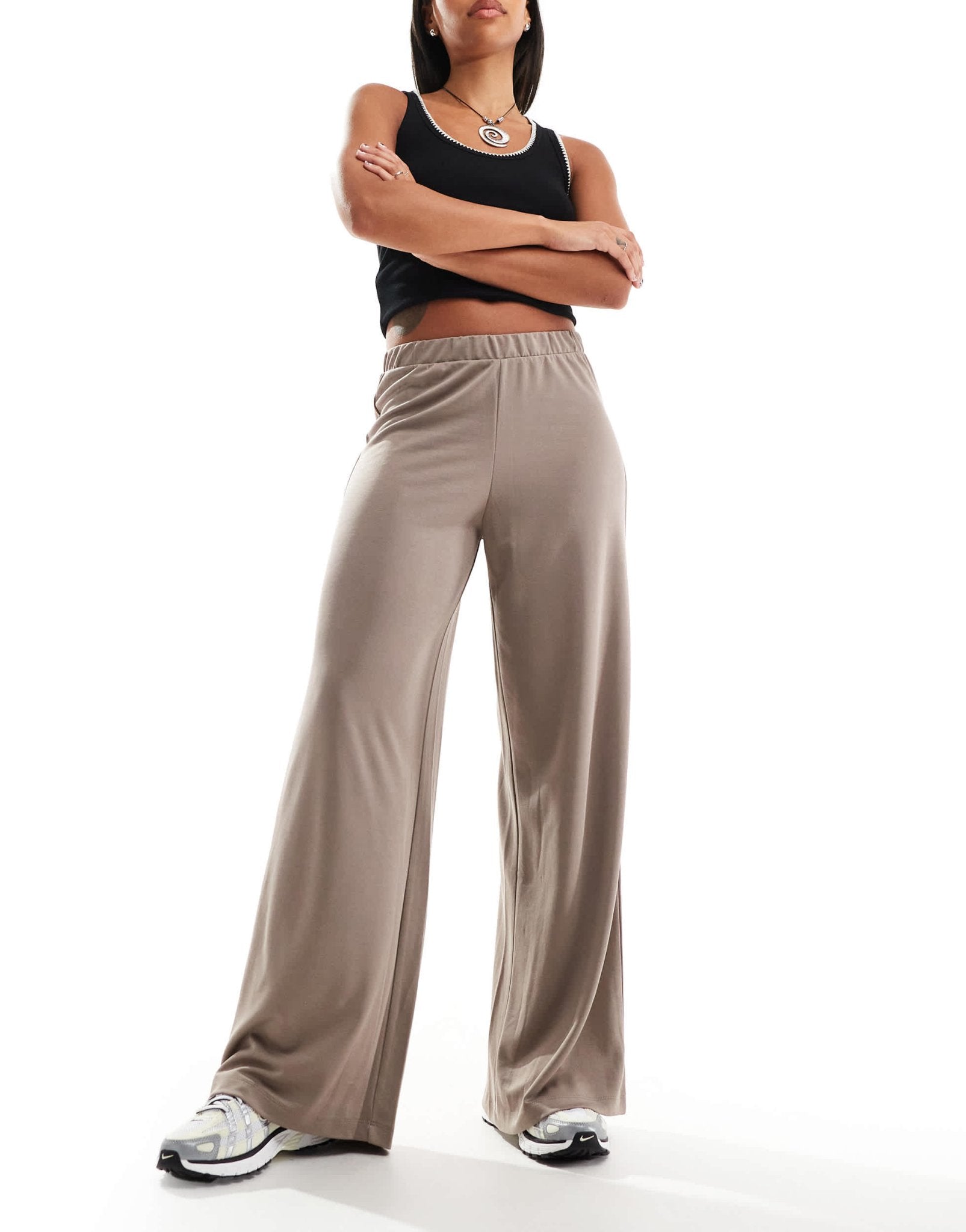 Monki super soft low waist wide leg jersey trousers in beige - ASOS Sample Sale