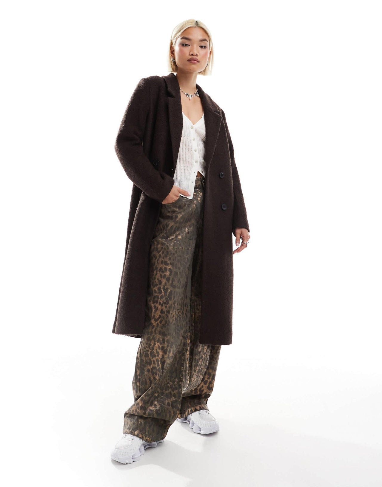 Monki tailored double breasted longline coat in brown - ASOS Sample Sale