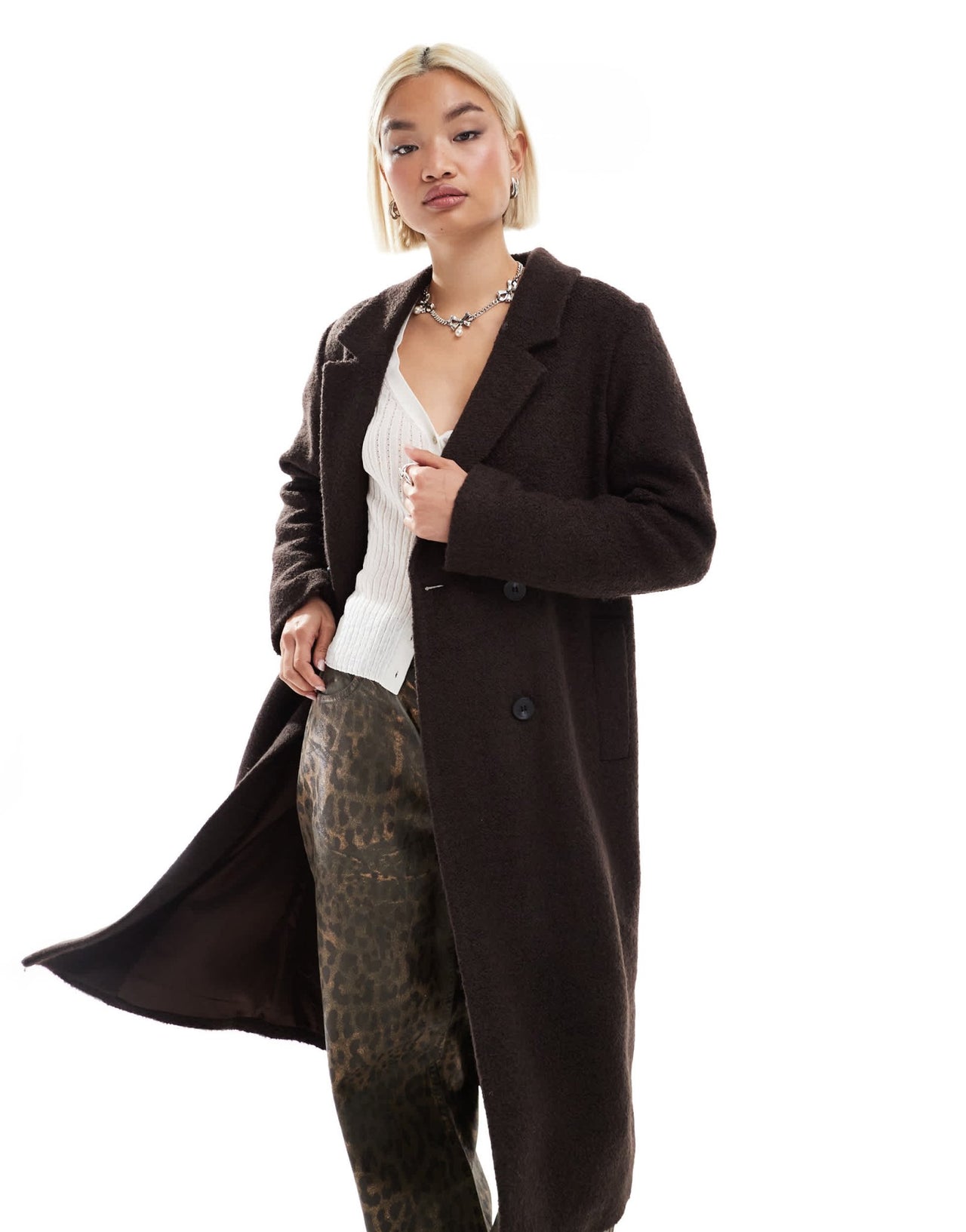 Monki tailored double breasted longline coat in brown - ASOS Sample Sale