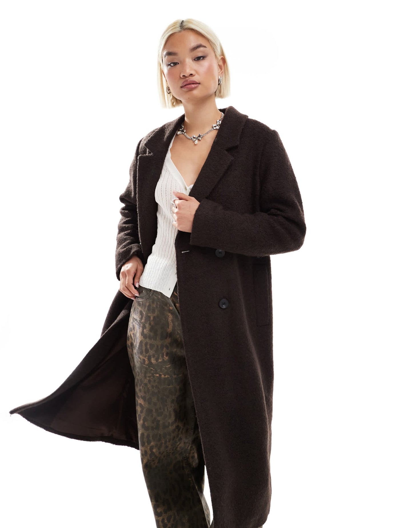 Monki tailored double breasted longline coat in brown - ASOS Sample Sale