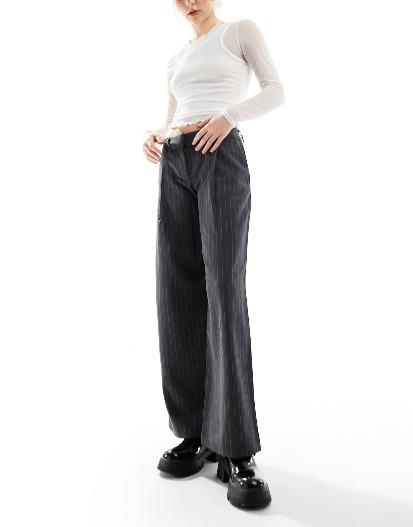 Monki tapered tailored trousers in grey pinstripe - ASOS Sample Sale