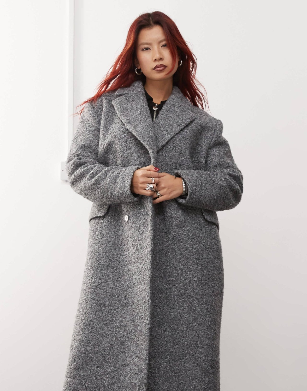 Monki textured long double breasted coat in grey - ASOS Sample Sale