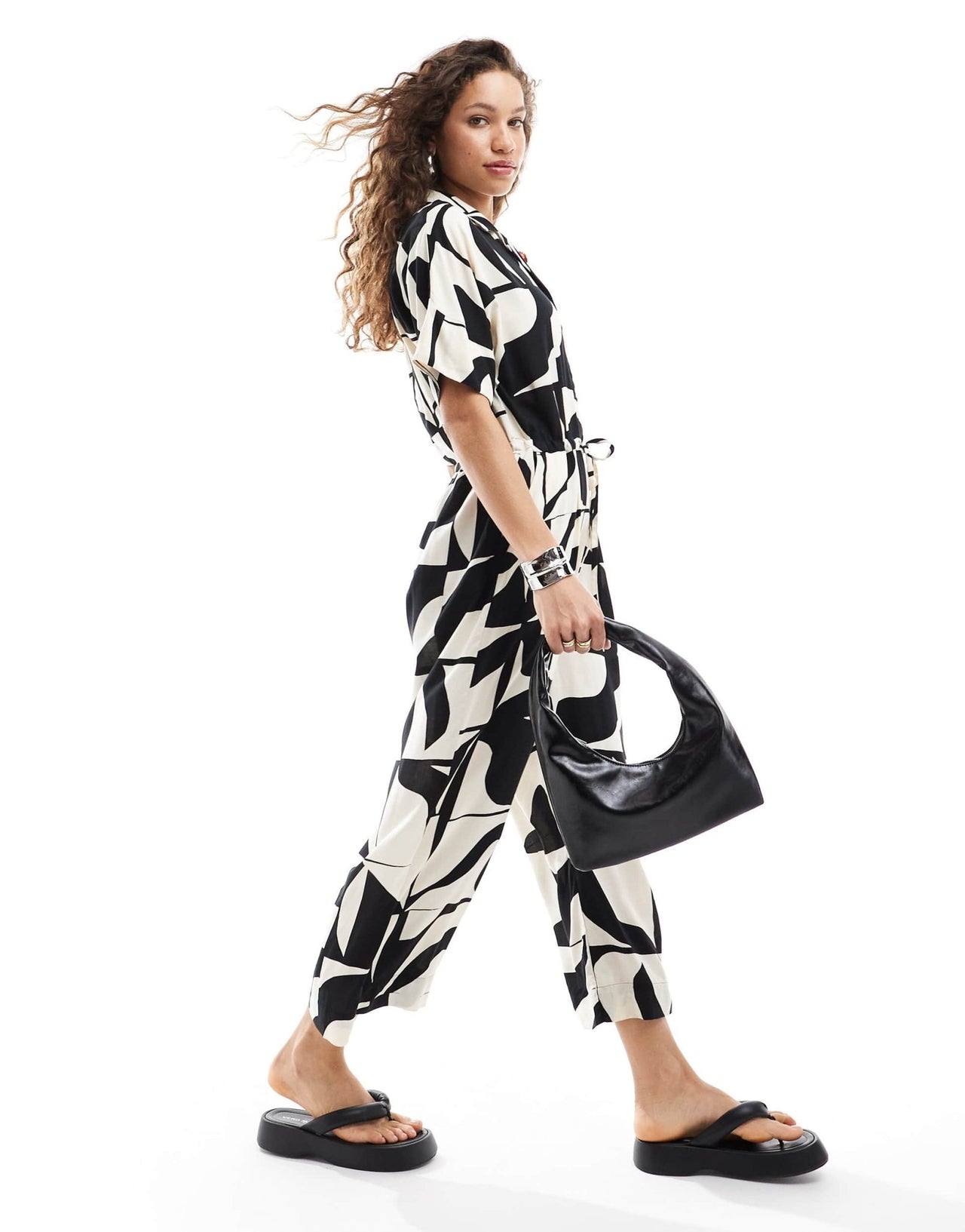 Monki tie waist jumpsuit in black and white puzzle print - ASOS Sample Sale