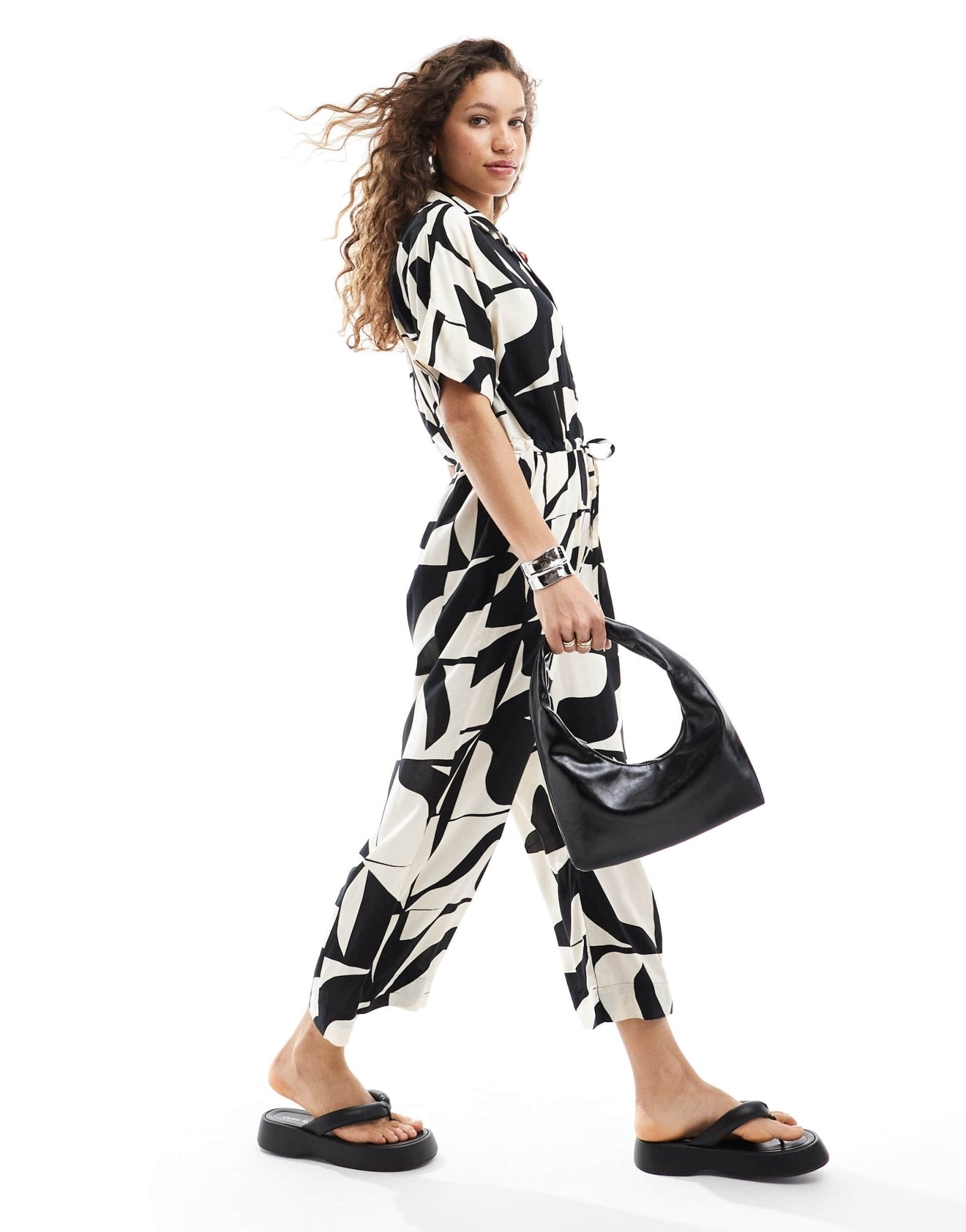 Monki tie waist jumpsuit in black and white puzzle print - ASOS Sample Sale